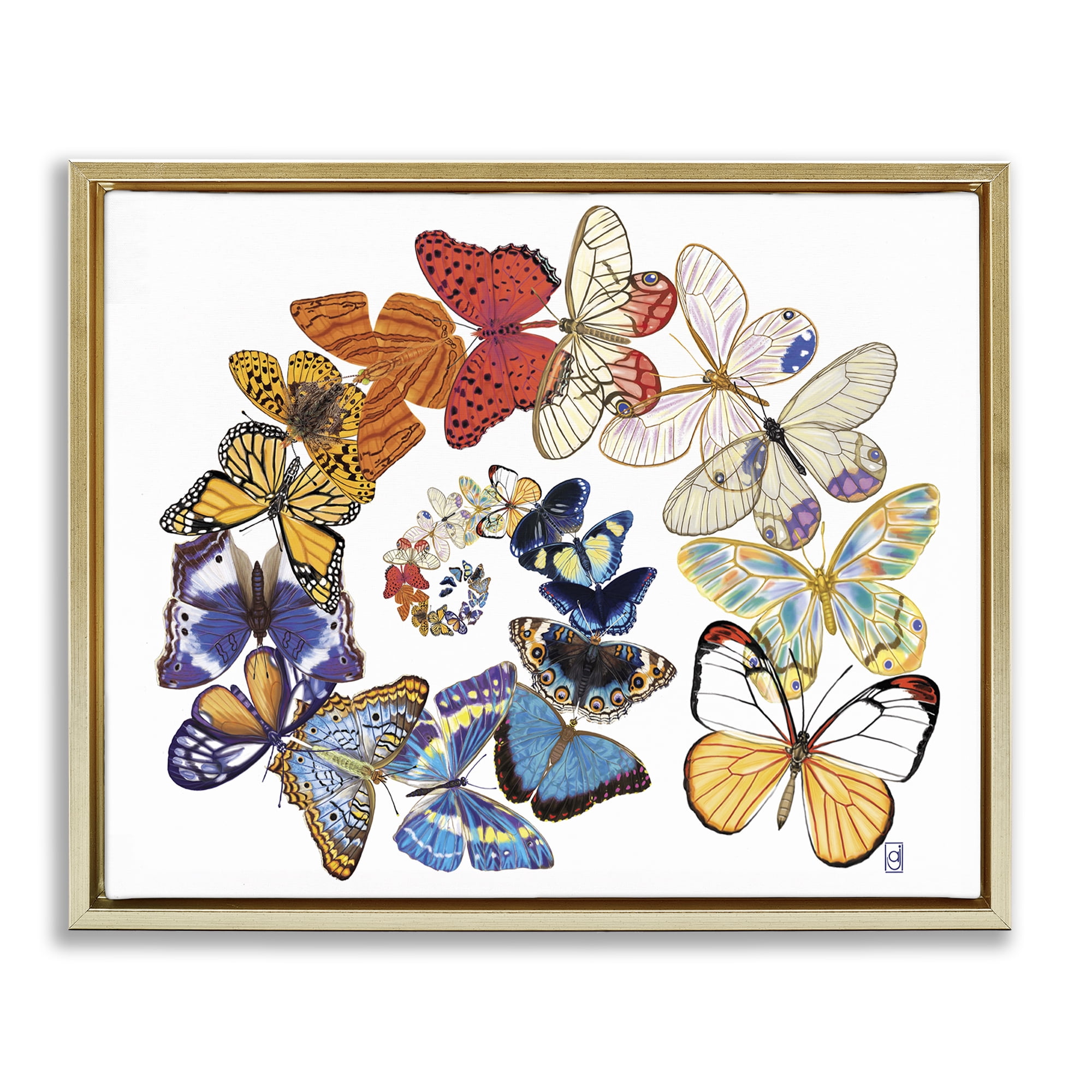 Stupell Industries Fly Away Butterflies Animals Painting Gold Floater Framed Canvas Art Print Wall Art, 21 x 17