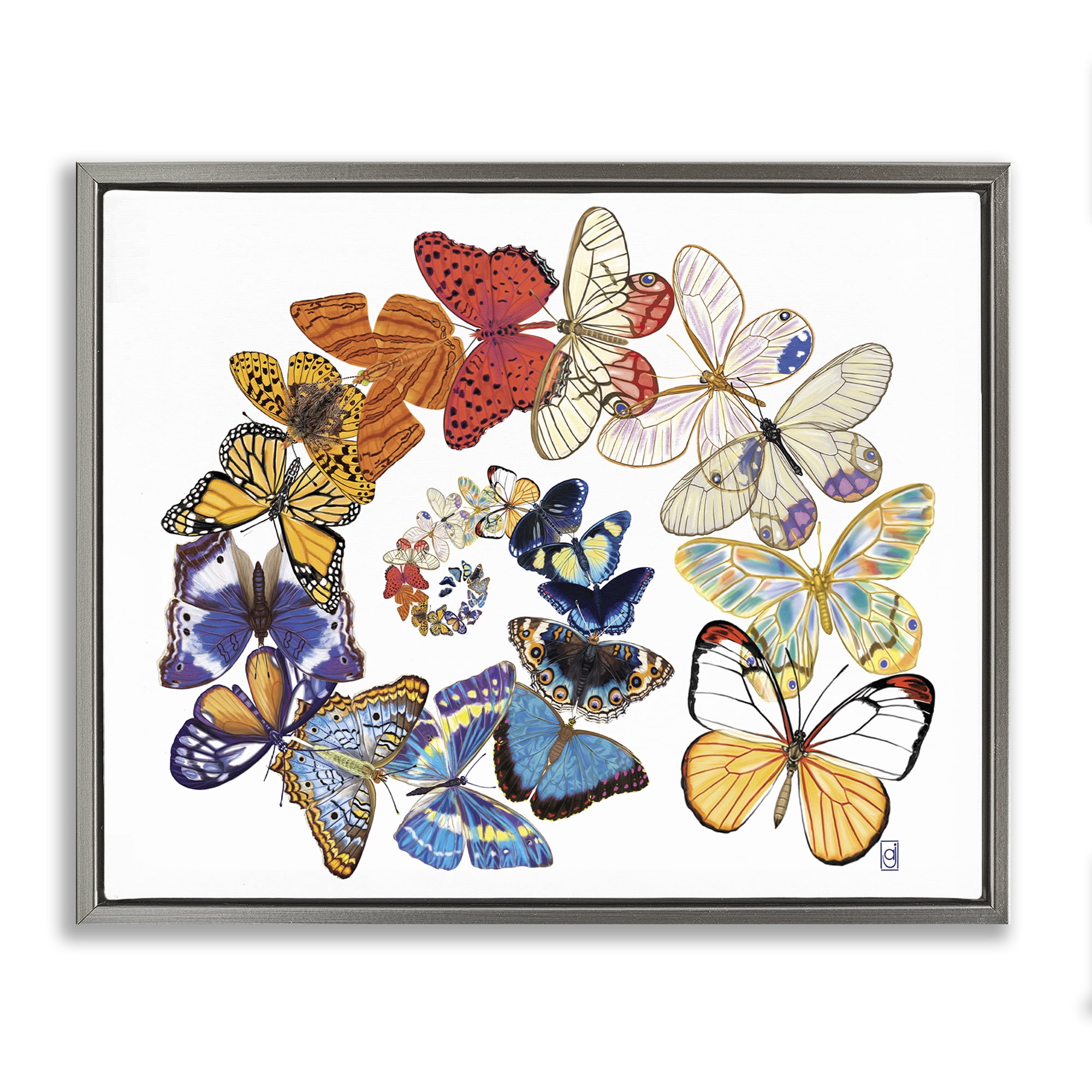 Stupell Industries Fly Away Butterflies Animals Painting Gray Floater Framed Canvas Art Print Wall Art, 21 x 17