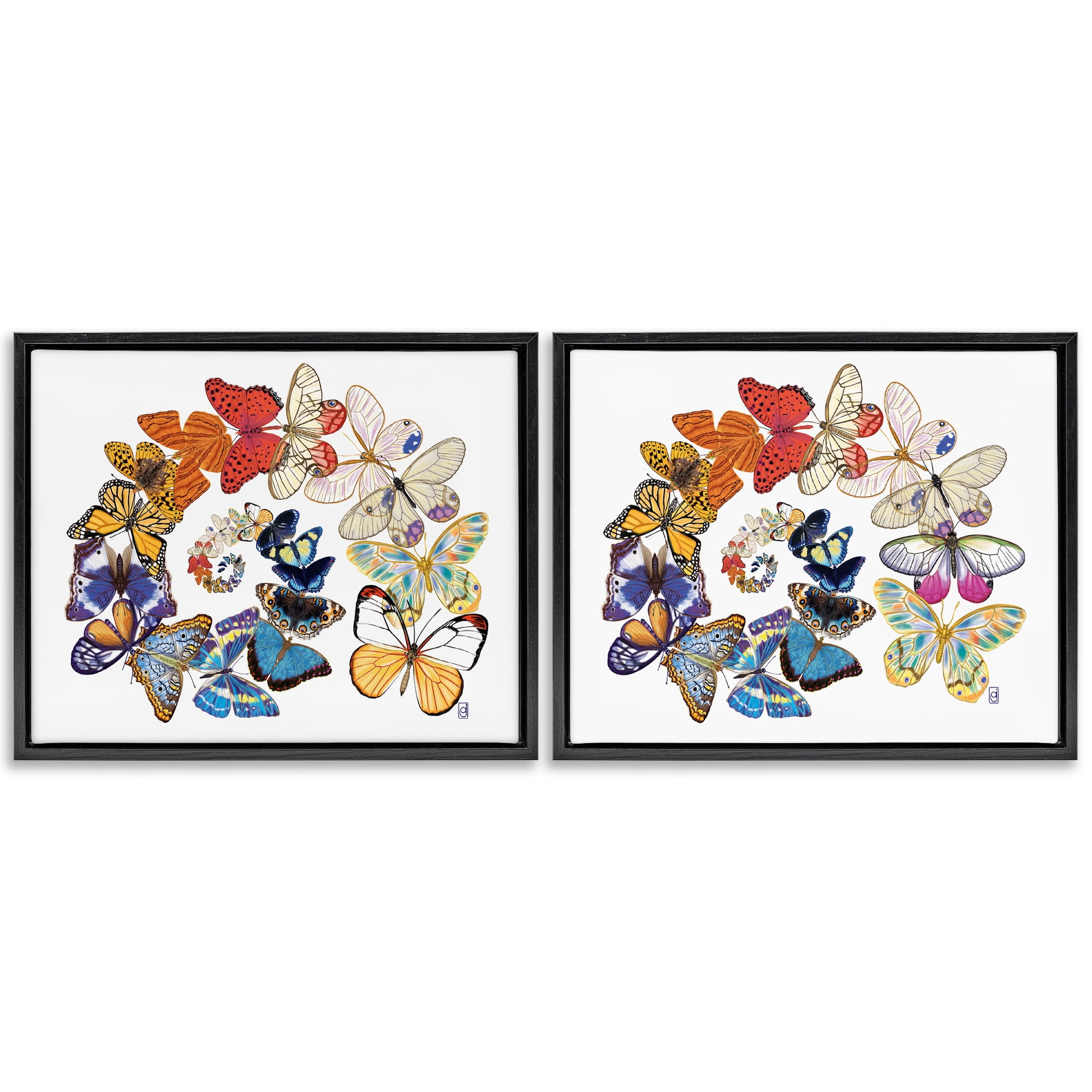 Stupell Industries Fly Away Butterfly Spirals Animals Painting Black Floater Framed Canvas Art Print Wall Art, 21 x 17, Set of 2