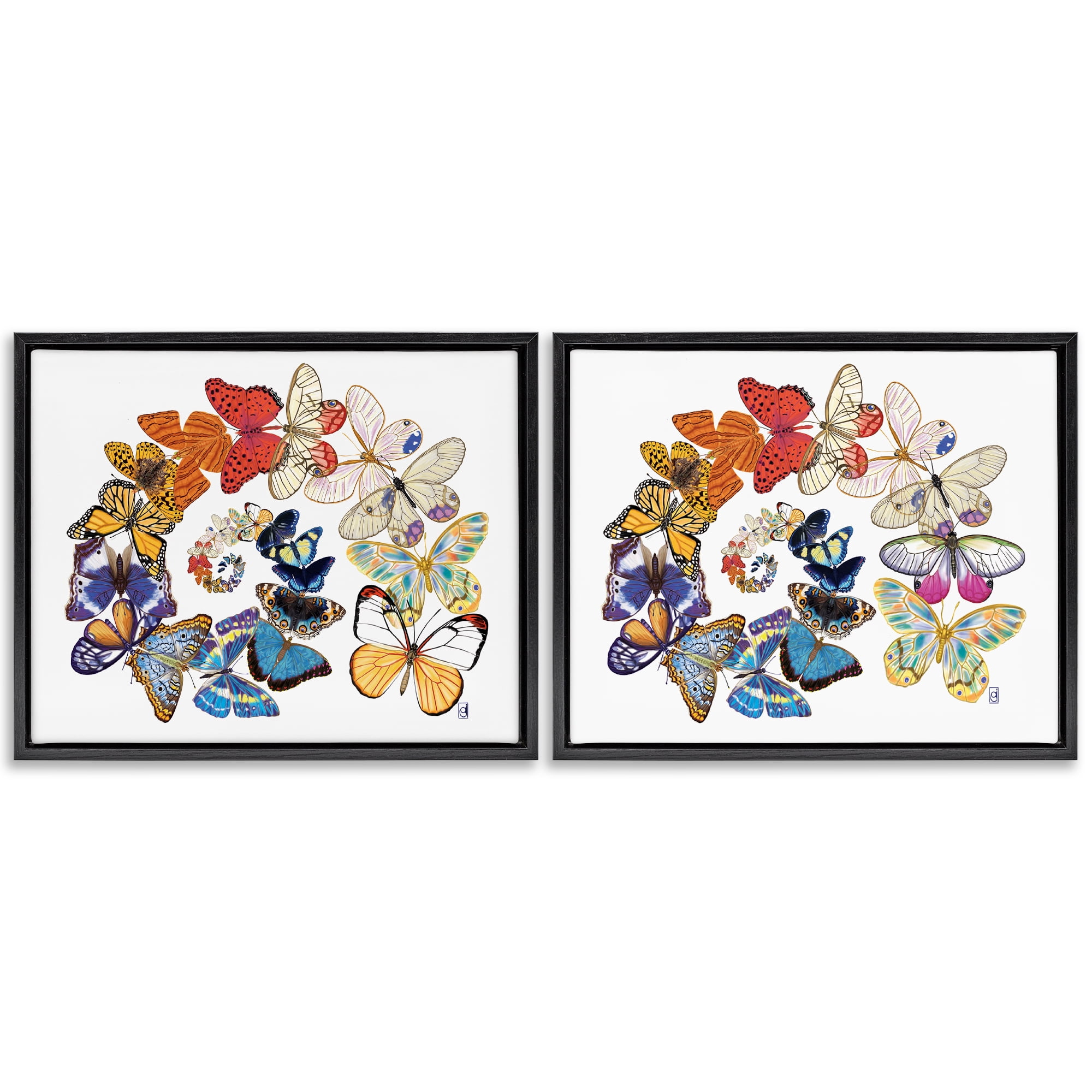 Stupell Industries Fly Away Butterfly Spirals Animals Painting Black Floater Framed Canvas Art Print Wall Art, 31 x 25, Set of 2