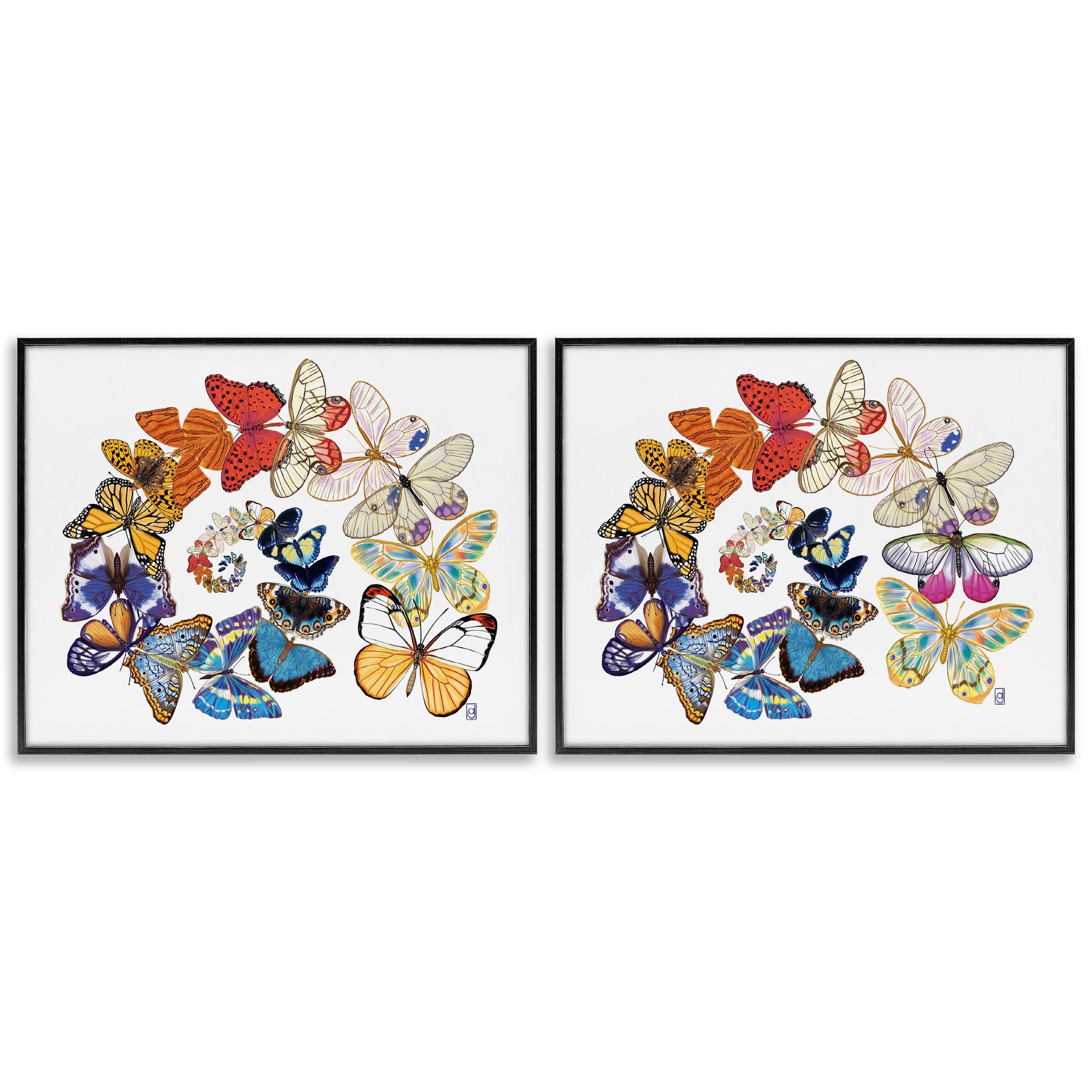 Stupell Industries Fly Away Butterfly Spirals Animals Painting Black Framed Art Print Wall Art, 14 x 11, Set of 2