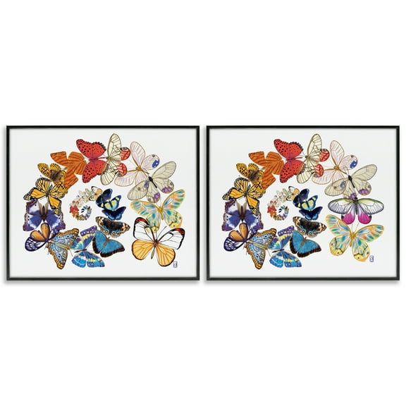 Stupell Industries Fly Away Butterfly Spirals Animals Painting Black Framed Art Print Wall Art, 14 x 11, Set of 2