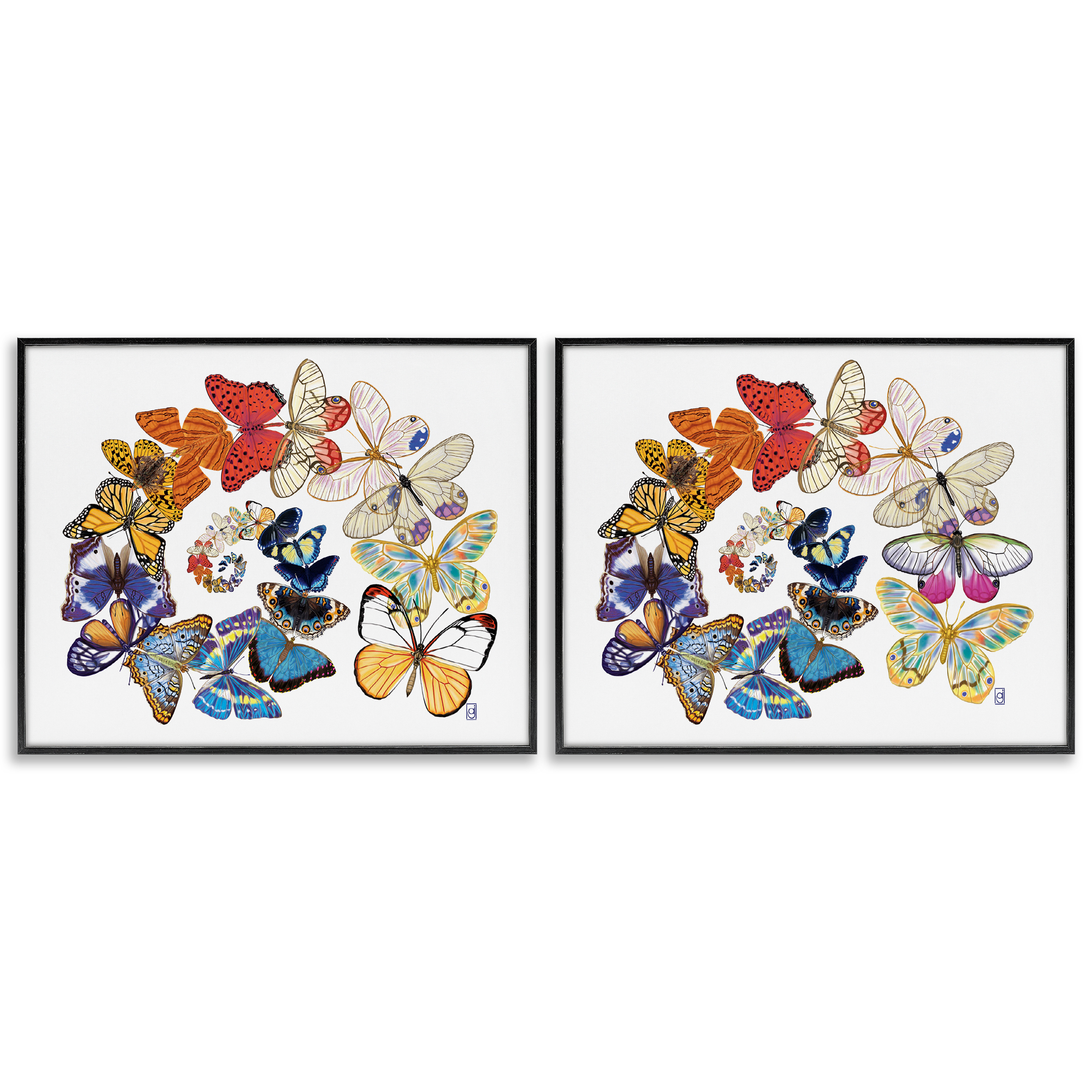 Stupell Industries Fly Away Butterfly Spirals Animals Painting Black Framed Art Print Wall Art, 30 x 24, Set of 2