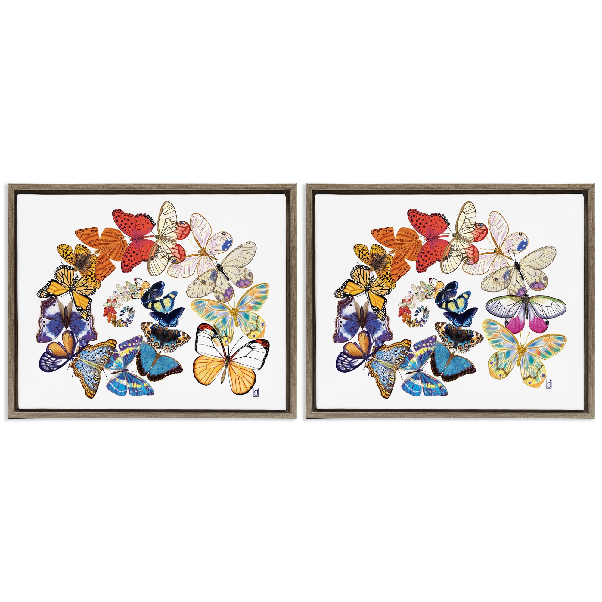 Stupell Industries Fly Away Butterfly Spirals Animals Painting Brown Floater Framed Canvas Art Print Wall Art, 31 x 25, Set of 2