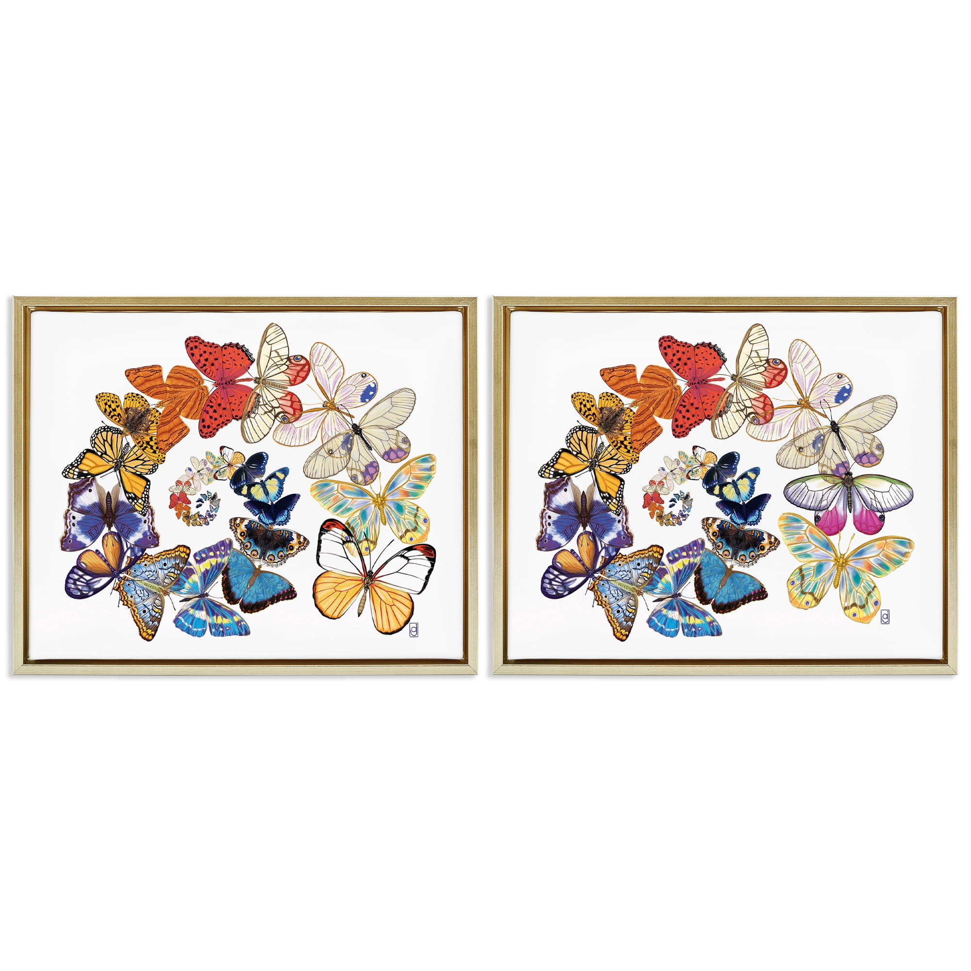 Stupell Industries Fly Away Butterfly Spirals Animals Painting Gold Floater Framed Canvas Art Print Wall Art, 21 x 17, Set of 2