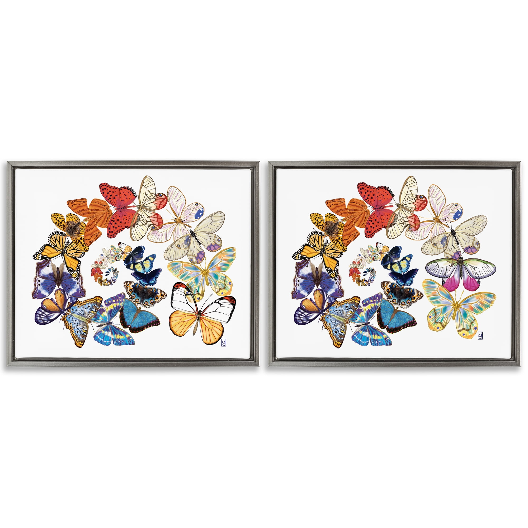 Stupell Industries Fly Away Butterfly Spirals Animals Painting Gray Floater Framed Canvas Art Print Wall Art, 31 x 25, Set of 2