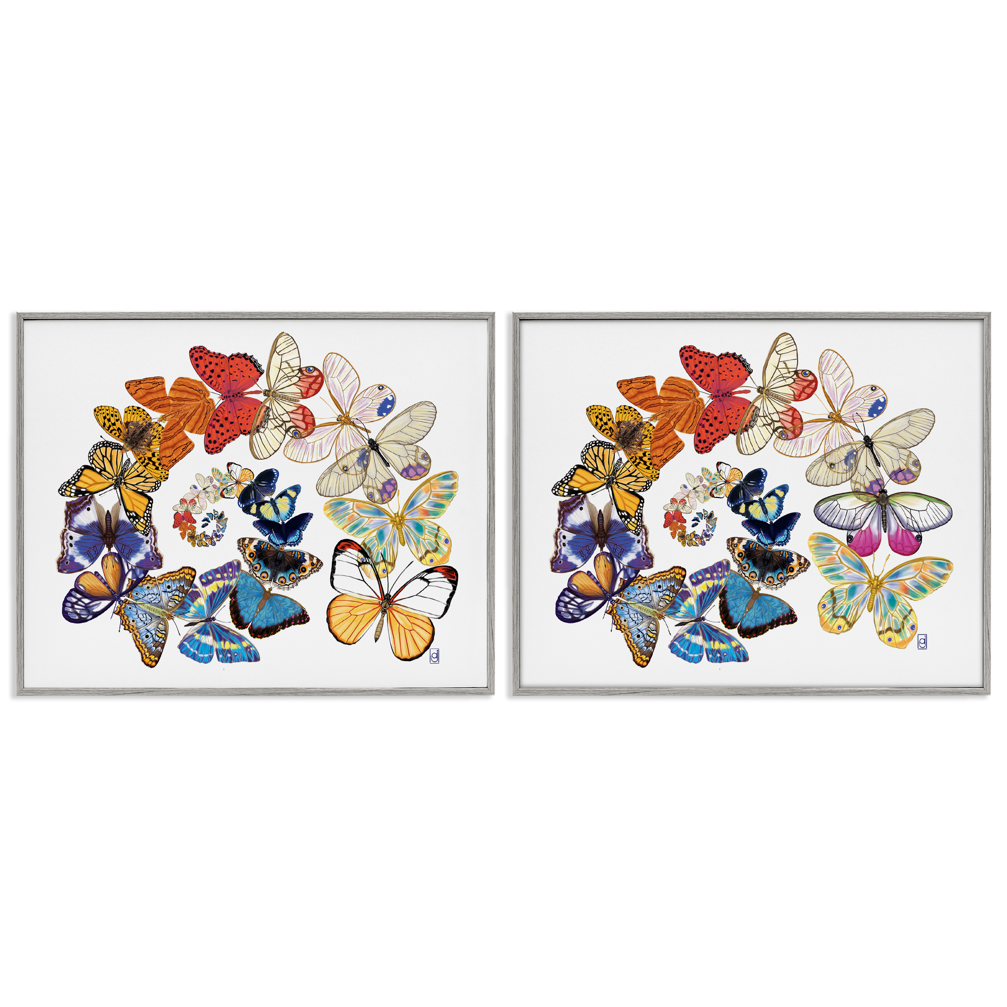 Stupell Industries Fly Away Butterfly Spirals Animals Painting Gray Framed Art Print Wall Art, 14 x 11, Set of 2