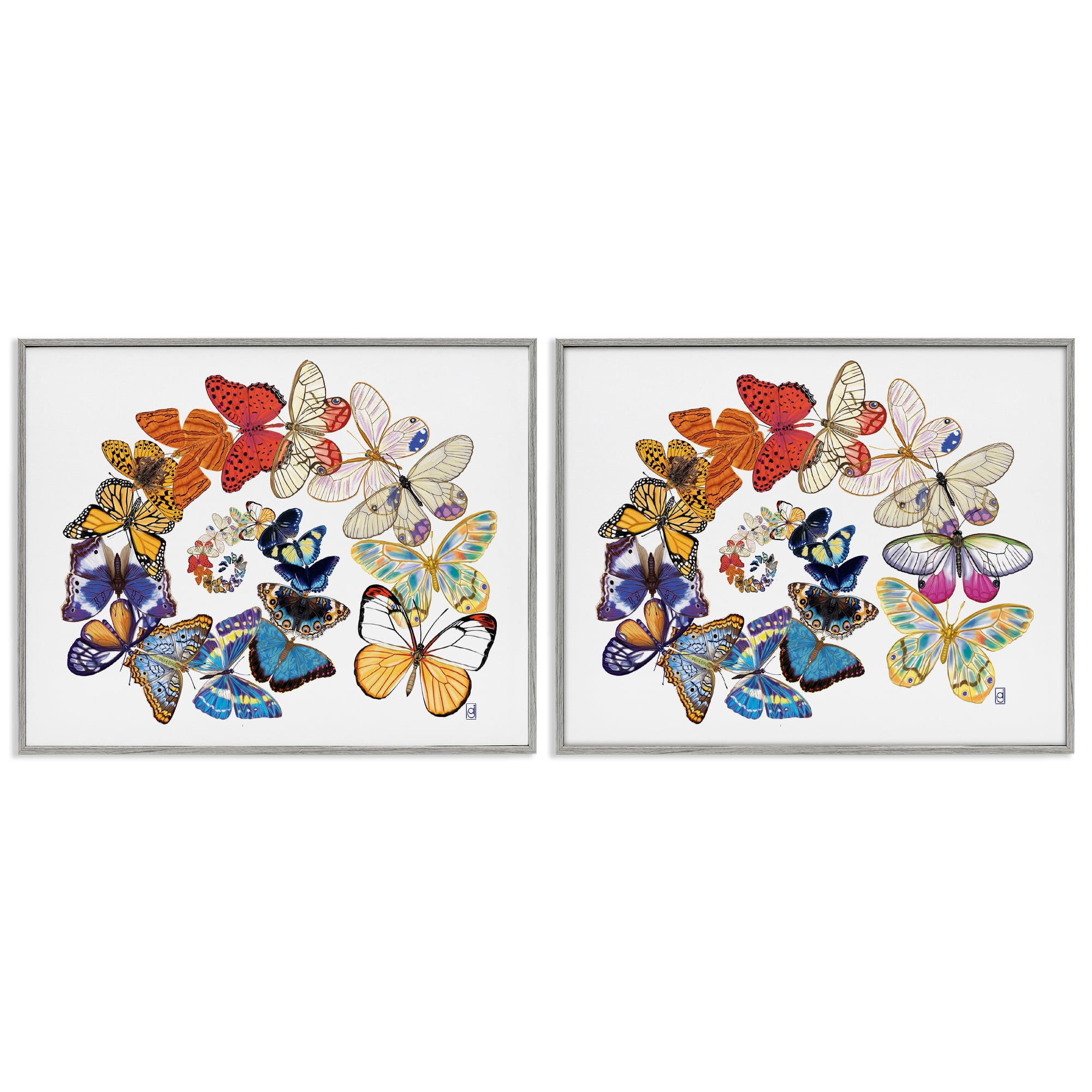 Stupell Industries Fly Away Butterfly Spirals Animals Painting Gray Framed Art Print Wall Art, 20 x 16, Set of 2