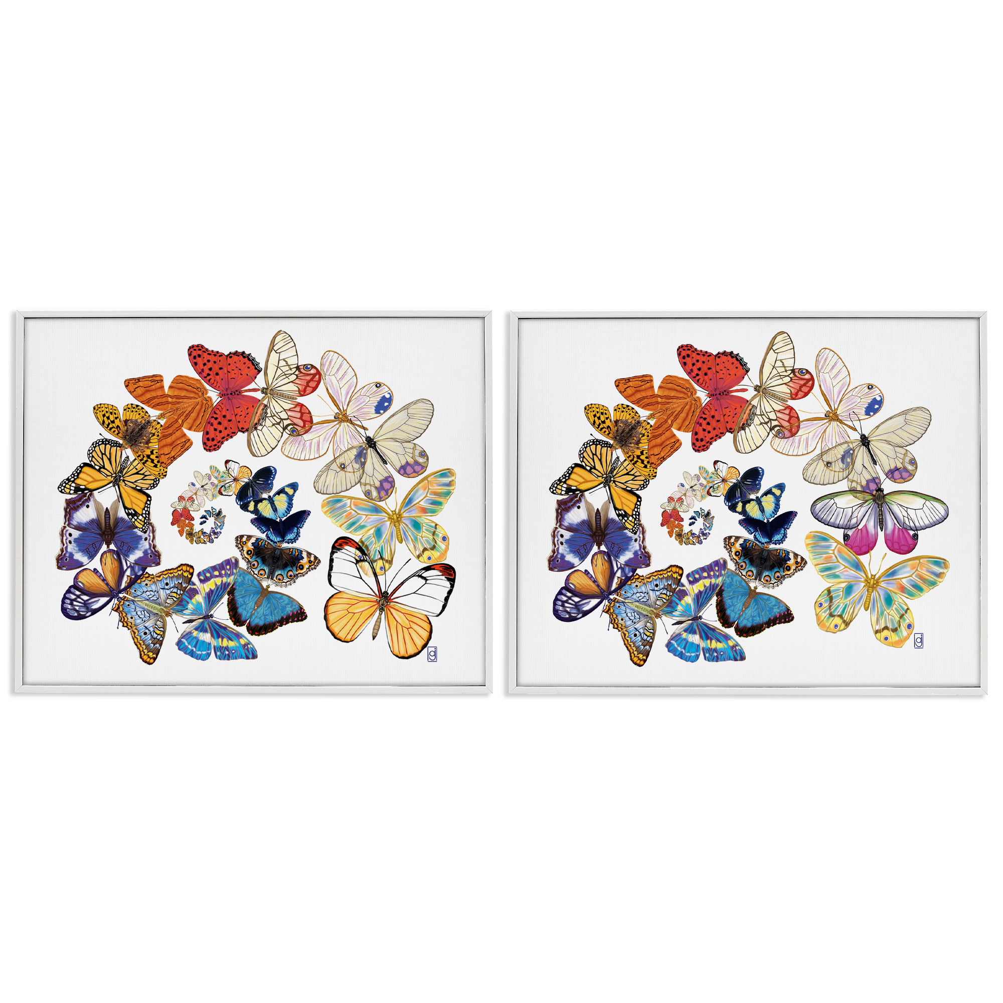 Stupell Industries Fly Away Butterfly Spirals Animals Painting White Framed Art Print Wall Art, 14 x 11, Set of 2