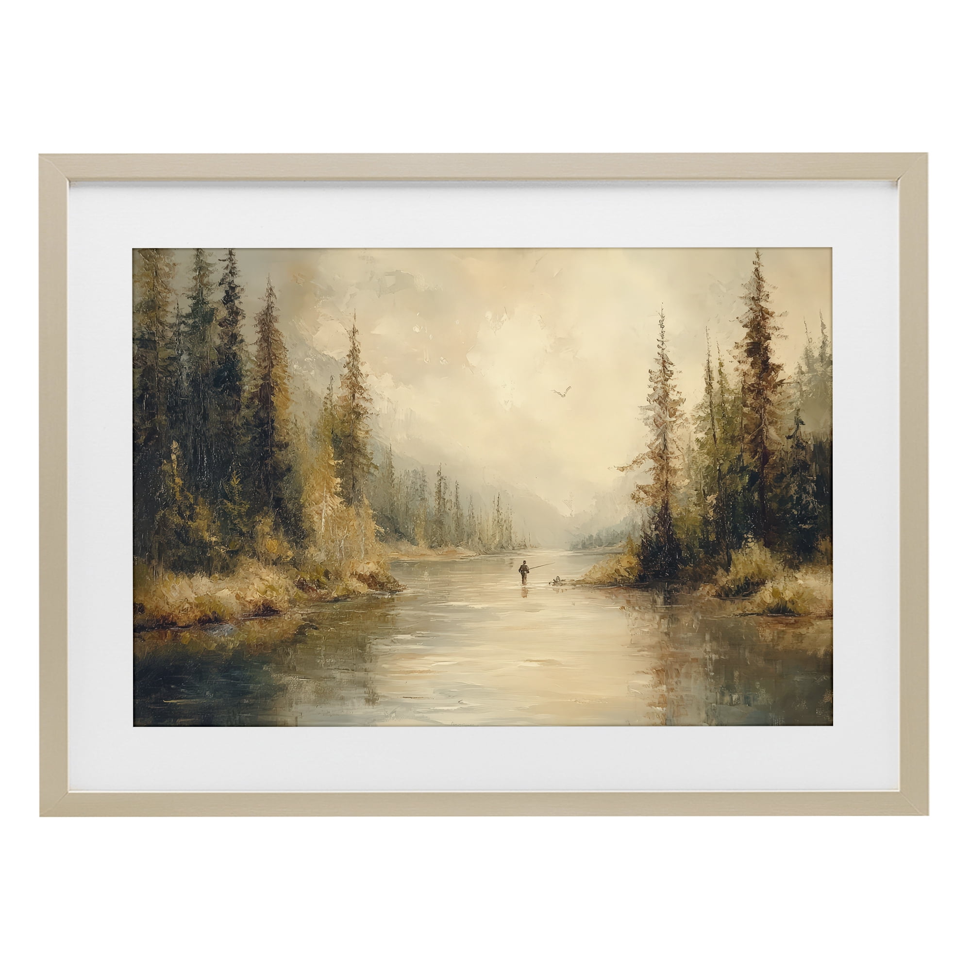 Stupell Industries Fly Fisher at Misty River Birch Framed Print Under Glass, design by Petal Prints Design