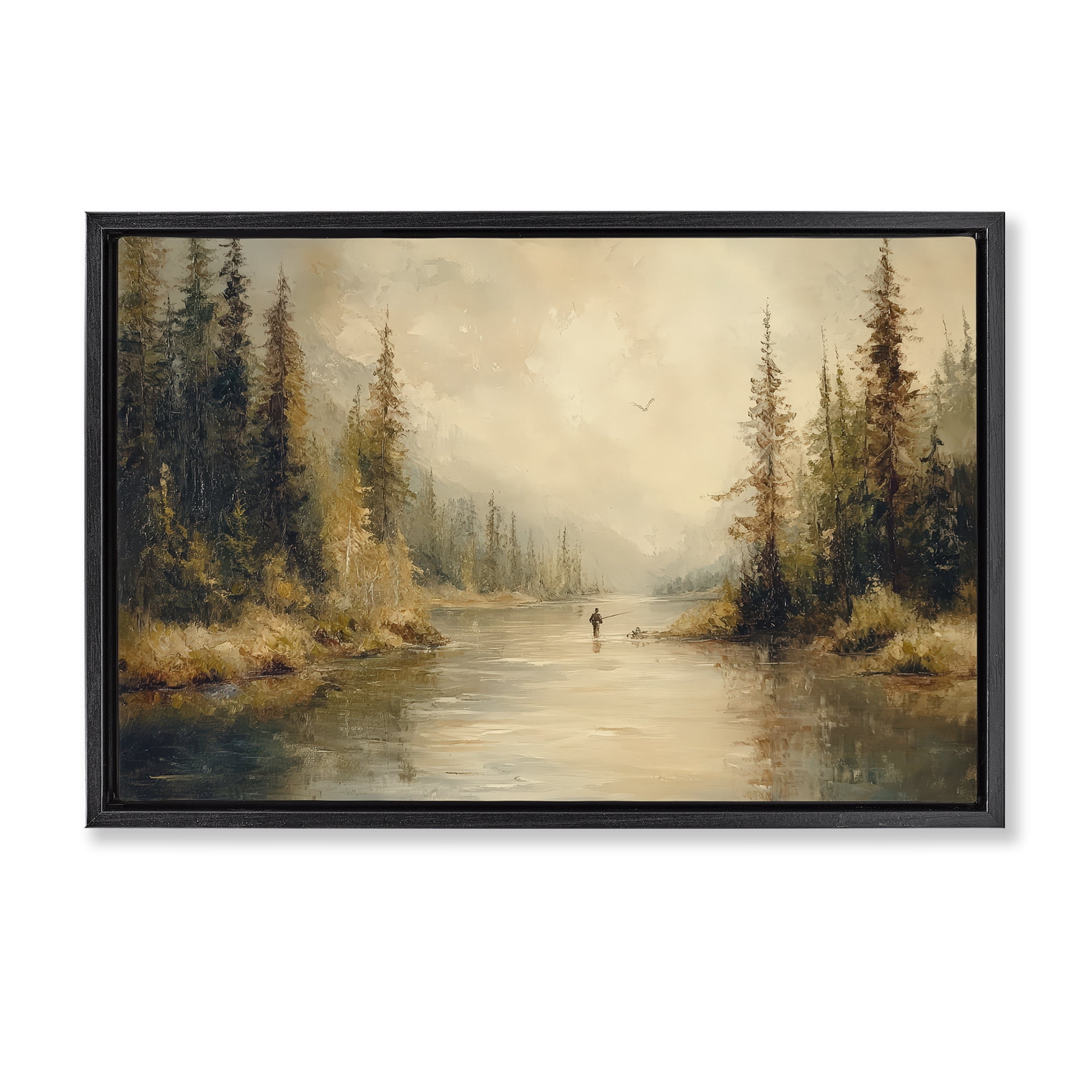 Stupell Industries Fly Fisher at Misty River Black Framed Floater Canvas Wall Art, design by Petal Prints Design