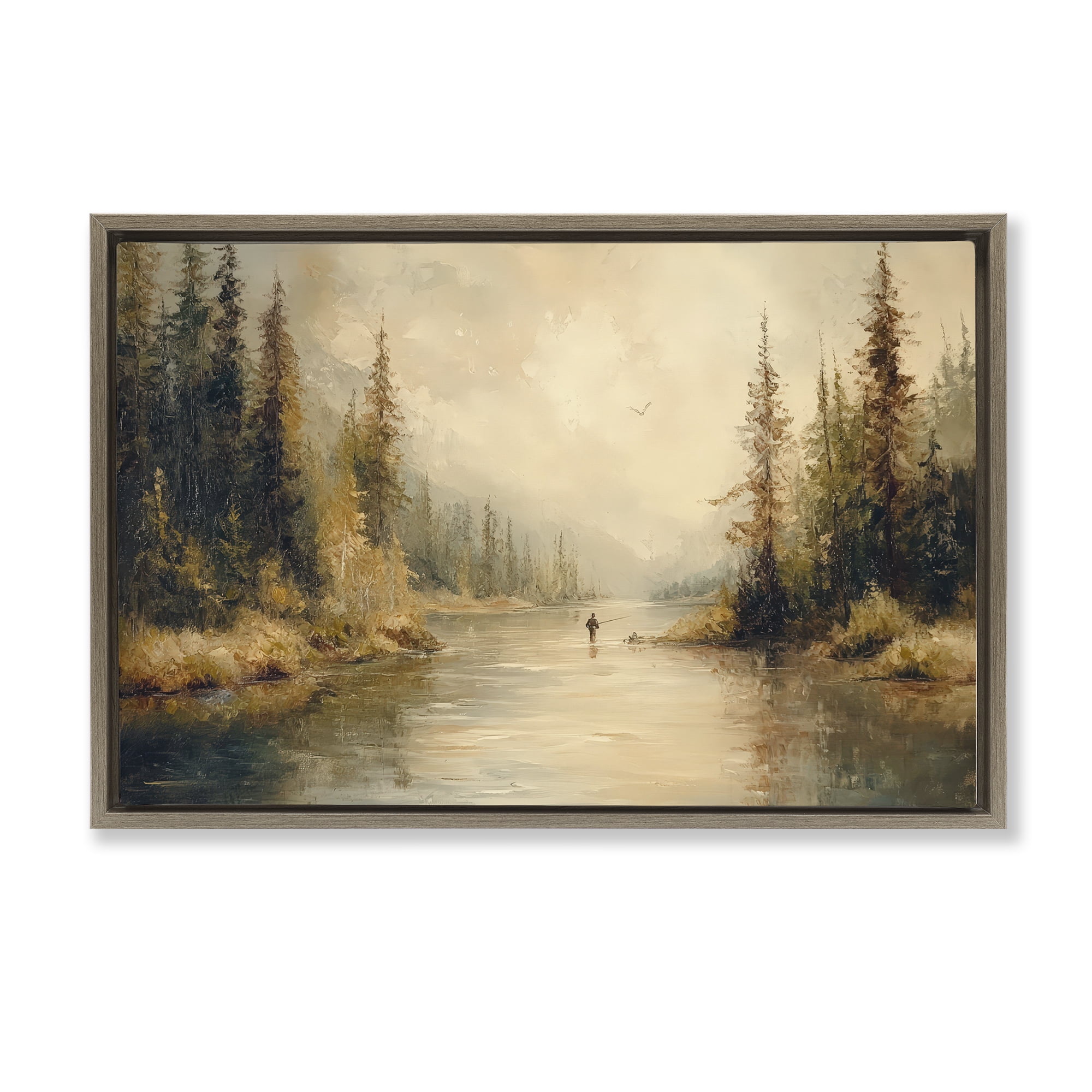 Stupell Industries Fly Fisher at Misty River Brown Framed Floater Canvas Wall Art, design by Petal Prints Design