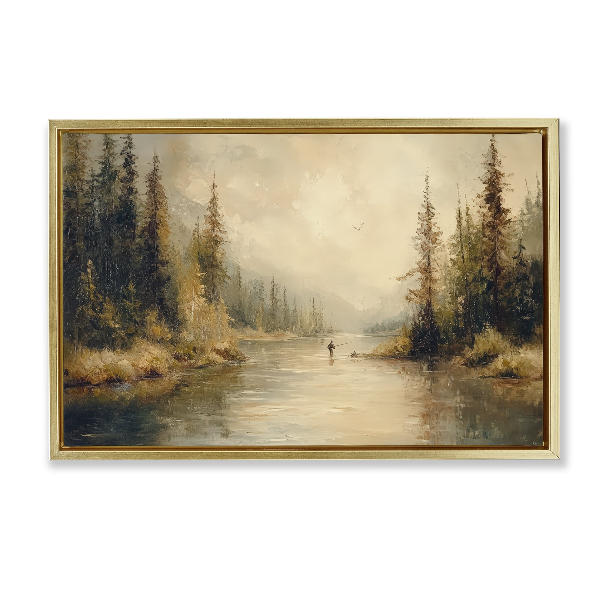 Stupell Industries Fly Fisher at Misty River Gold Framed Floater Canvas Wall Art, design by Petal Prints Design