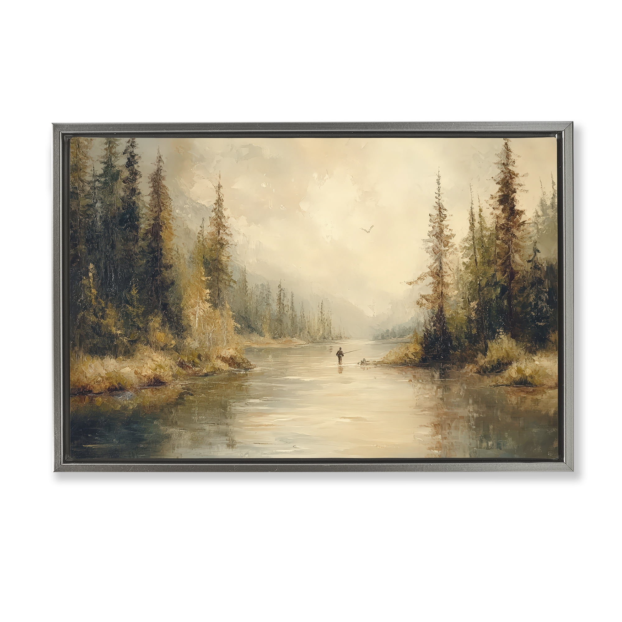 Stupell Industries Fly Fisher at Misty River Gray Framed Floater Canvas Wall Art, design by Petal Prints Design