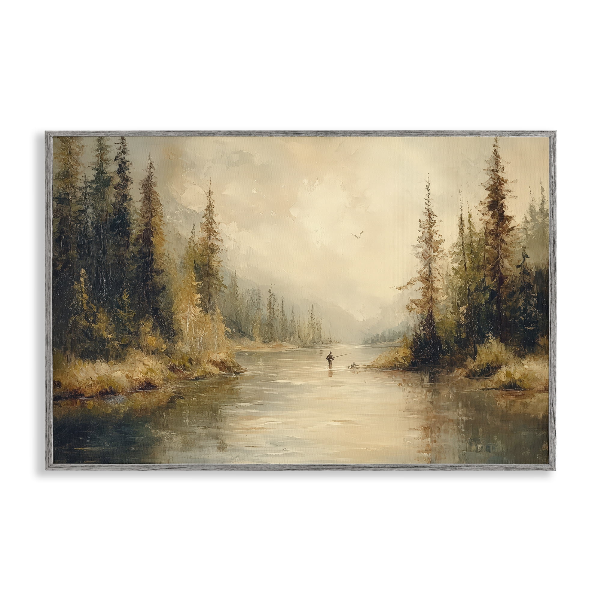Stupell Industries Fly Fisher at Misty River Gray Framed Giclee Art, design by Petal Prints Design