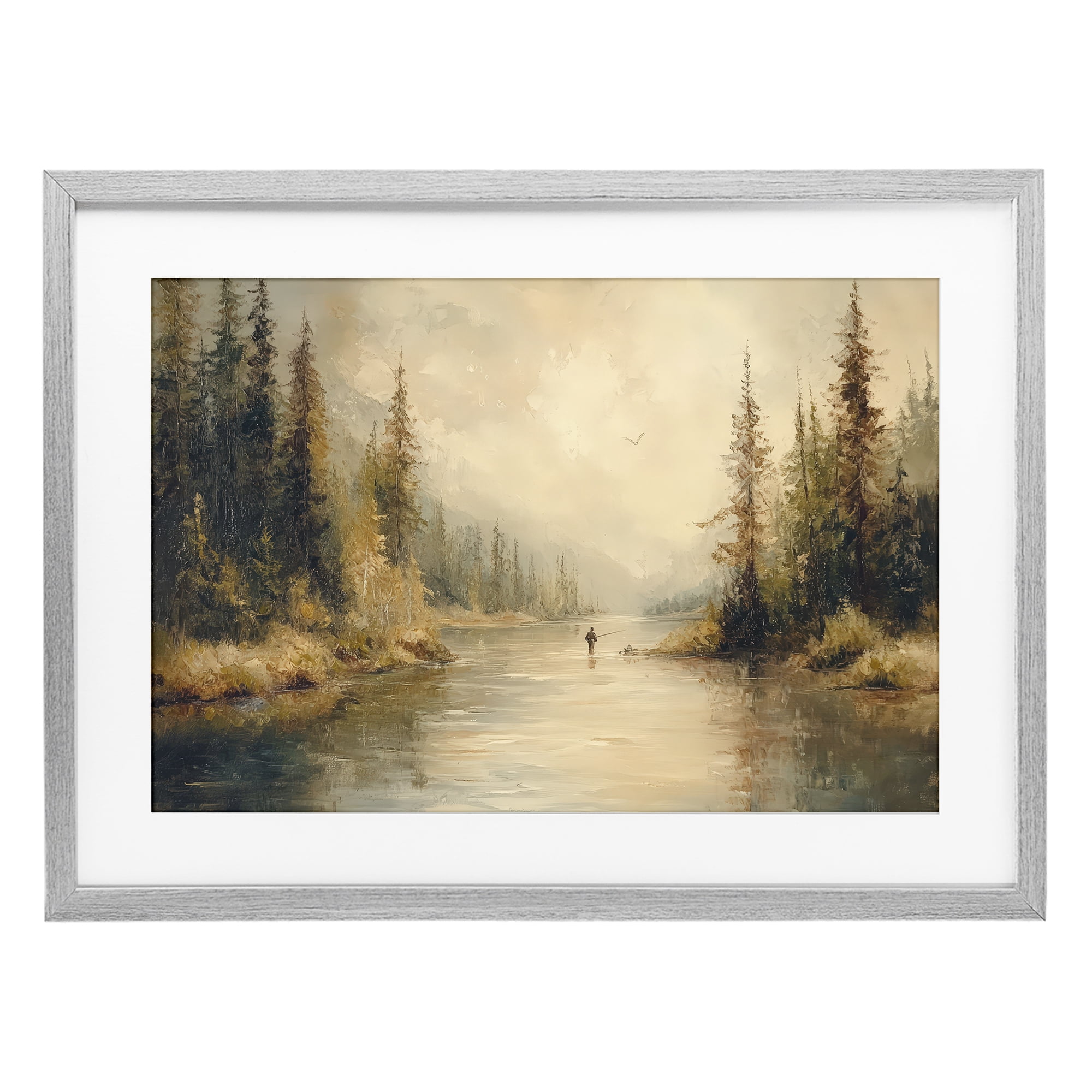 Stupell Industries Fly Fisher at Misty River Gray Framed Print Under Glass, design by Petal Prints Design