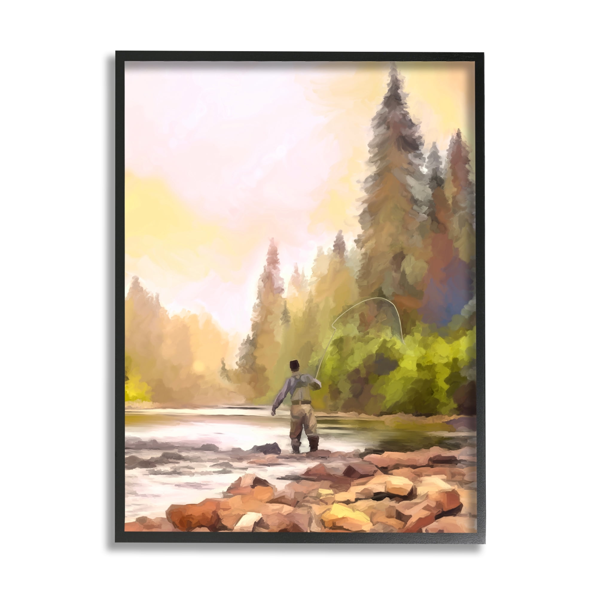 Stupell Industries Fly Fishing at Lake Nature Painting Black Framed Art Print Wall Art, 24 x 30