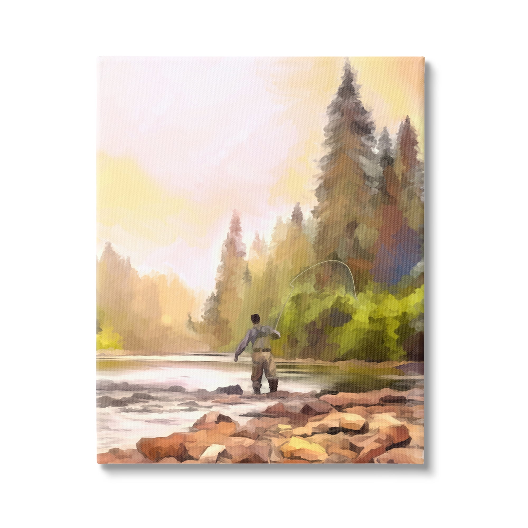 Stupell Industries Fly Fishing at Lake Nature Painting Gallery Wrapped Canvas Print Wall Art, 36 x 48