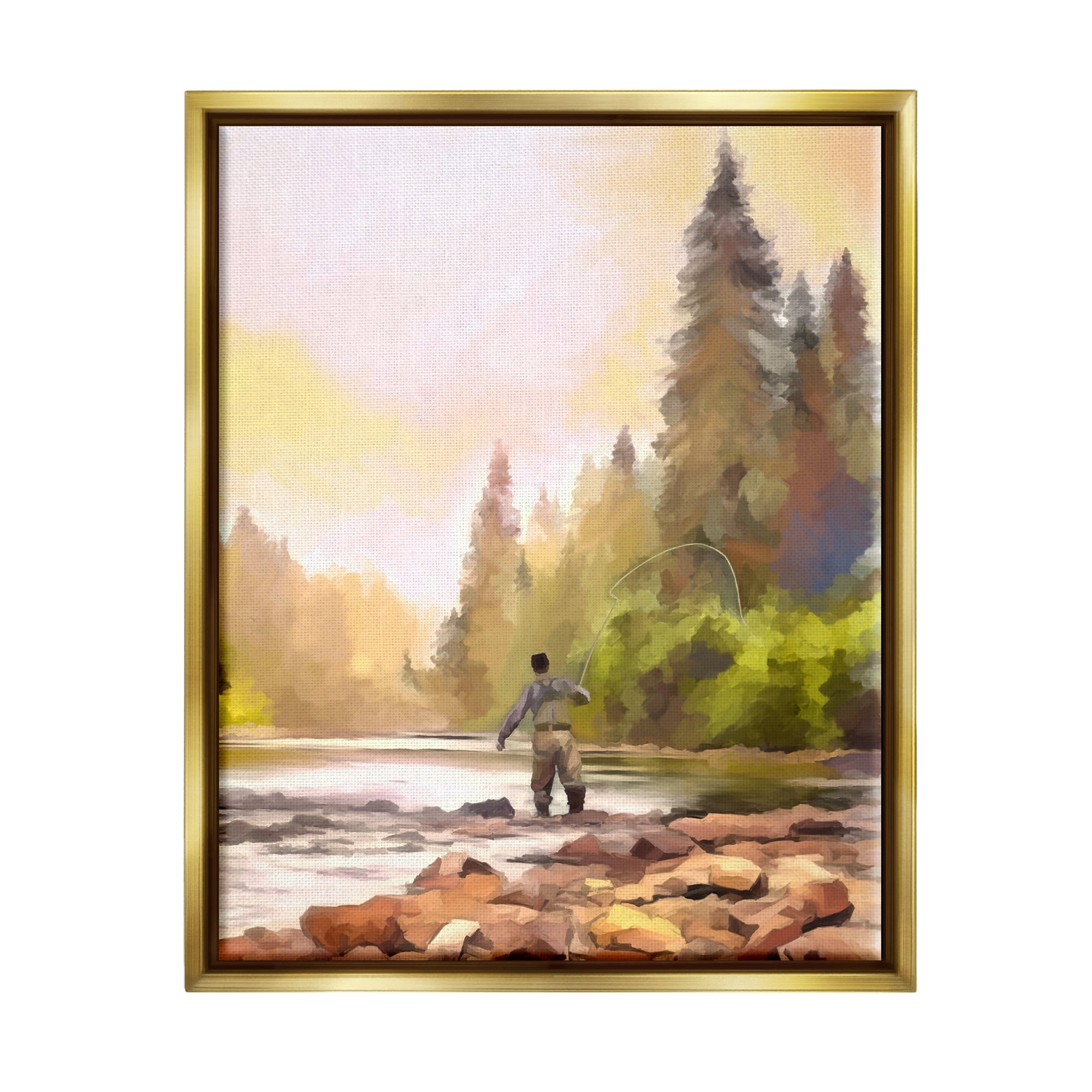 Stupell Industries Fly Fishing at Lake Nature Painting Gold Floater Framed Art Print Wall Art, 17 x 21
