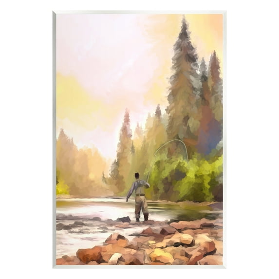 Stupell Industries Fly Fishing at Lake Nature Painting Unframed Art Print Wall Art, 13 x 19