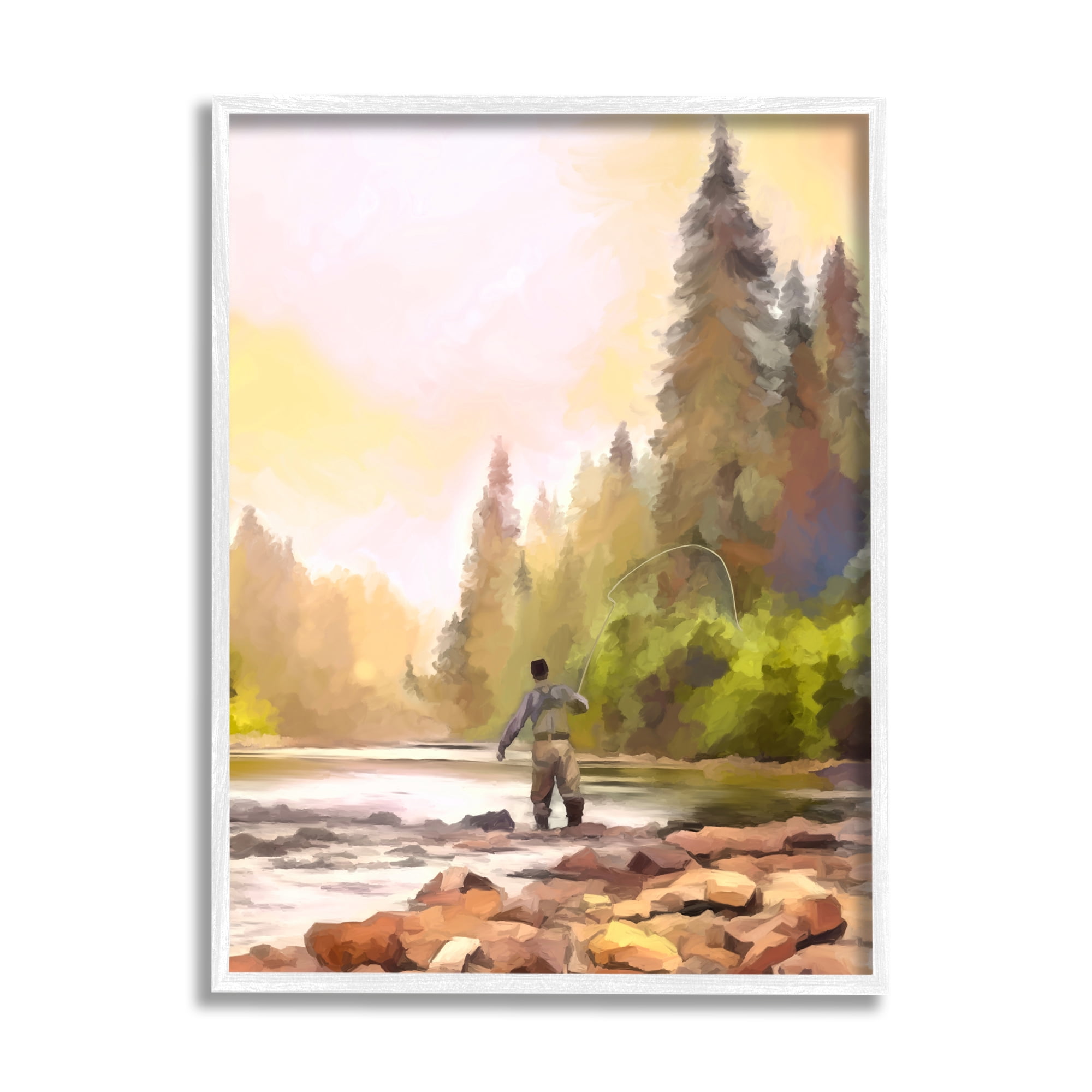 Stupell Industries Fly Fishing at Lake Nature Painting White Framed Art Print Wall Art, 11 x 14