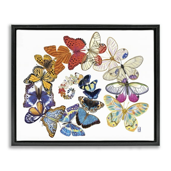 Stupell Industries Flying Butterfly Spiral Animals Painting Black Floater Framed Canvas Art Print Wall Art, 21 x 17
