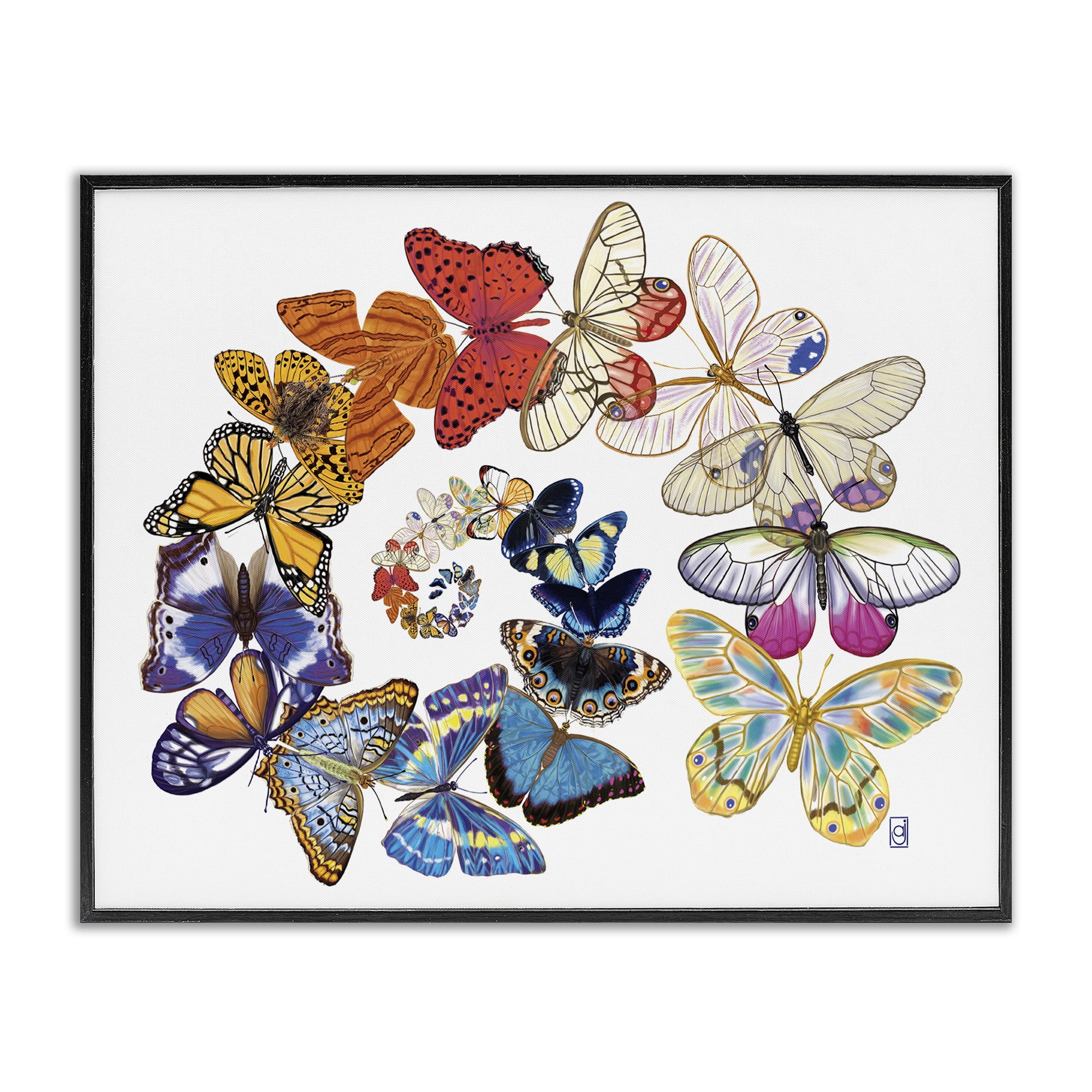 Stupell Industries Flying Butterfly Spiral Animals Painting Black Framed Art Print Wall Art, 30 x 24