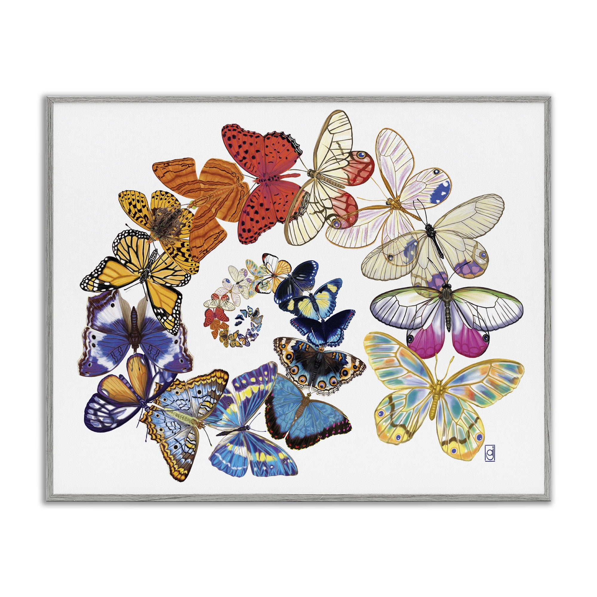 Stupell Industries Flying Butterfly Spiral Animals Painting Gray Framed Art Print Wall Art, 30 x 24