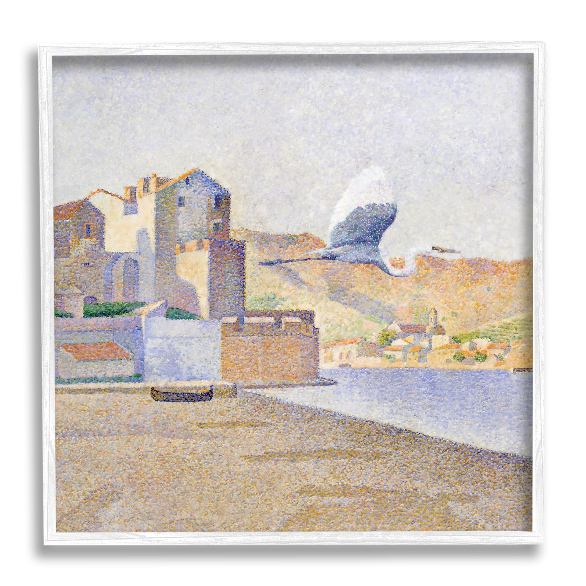 Stupell Industries Flying Crane Bird European Coastal Seaport Pointillism Painting, 12 x 12, Design by Steve Hunziker