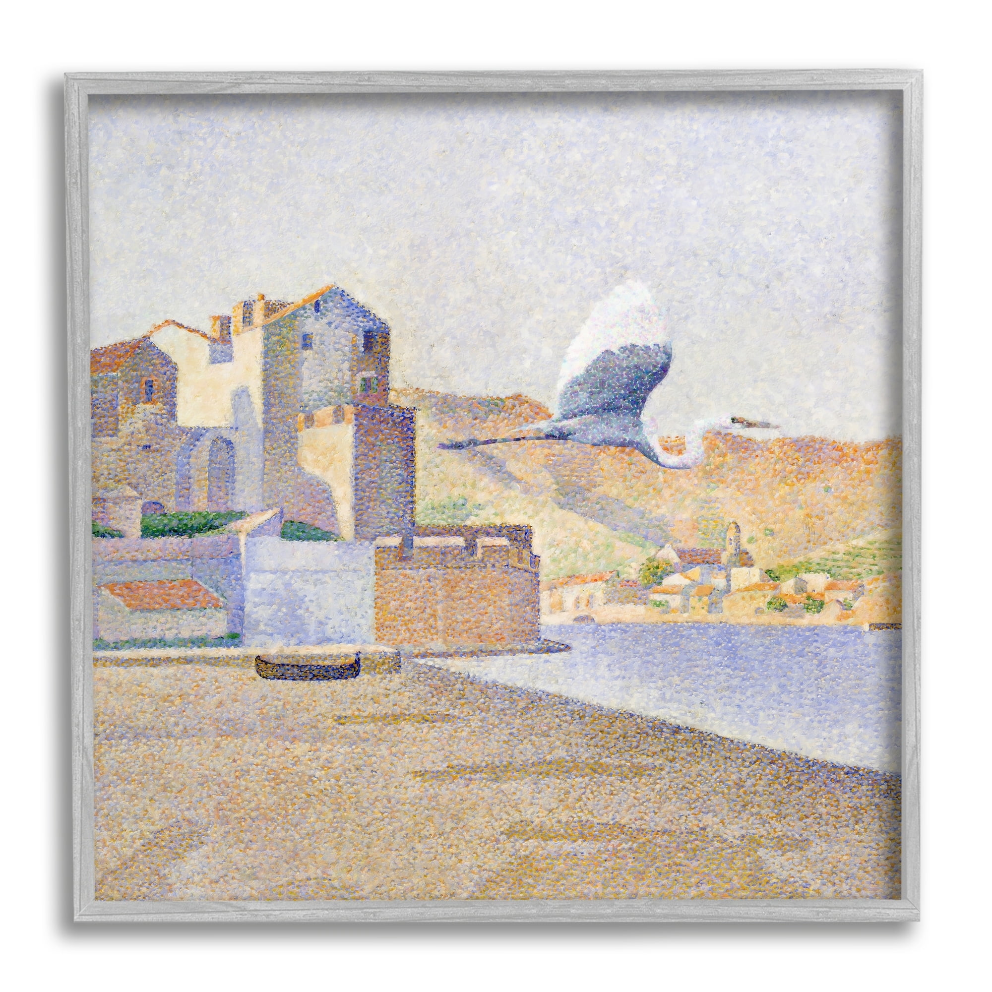 Stupell Industries Flying Crane Bird European Coastal Seaport Pointillism Painting, 17 x 17, Design by Steve Hunziker