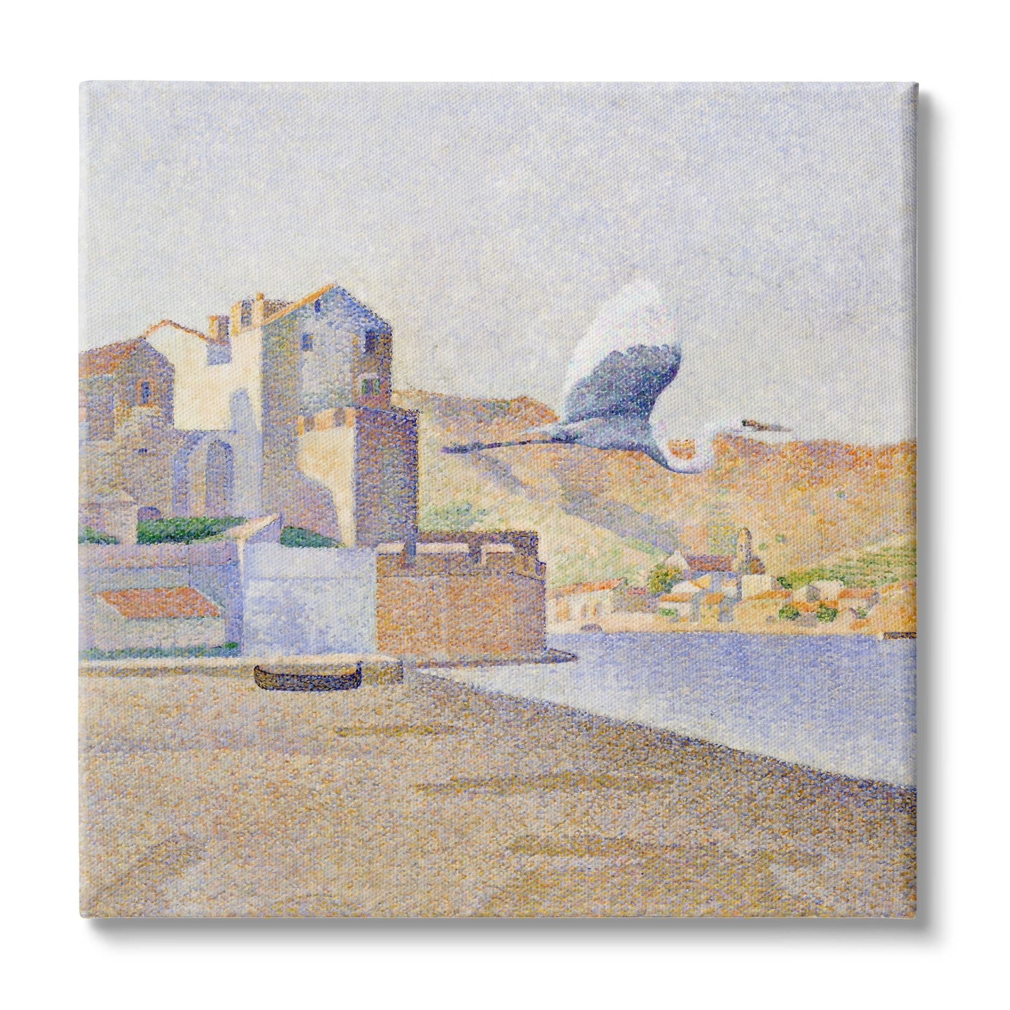 Stupell Industries Flying Crane Bird European Coastal Seaport Pointillism Painting, 30 x 30, Design by Steve Hunziker