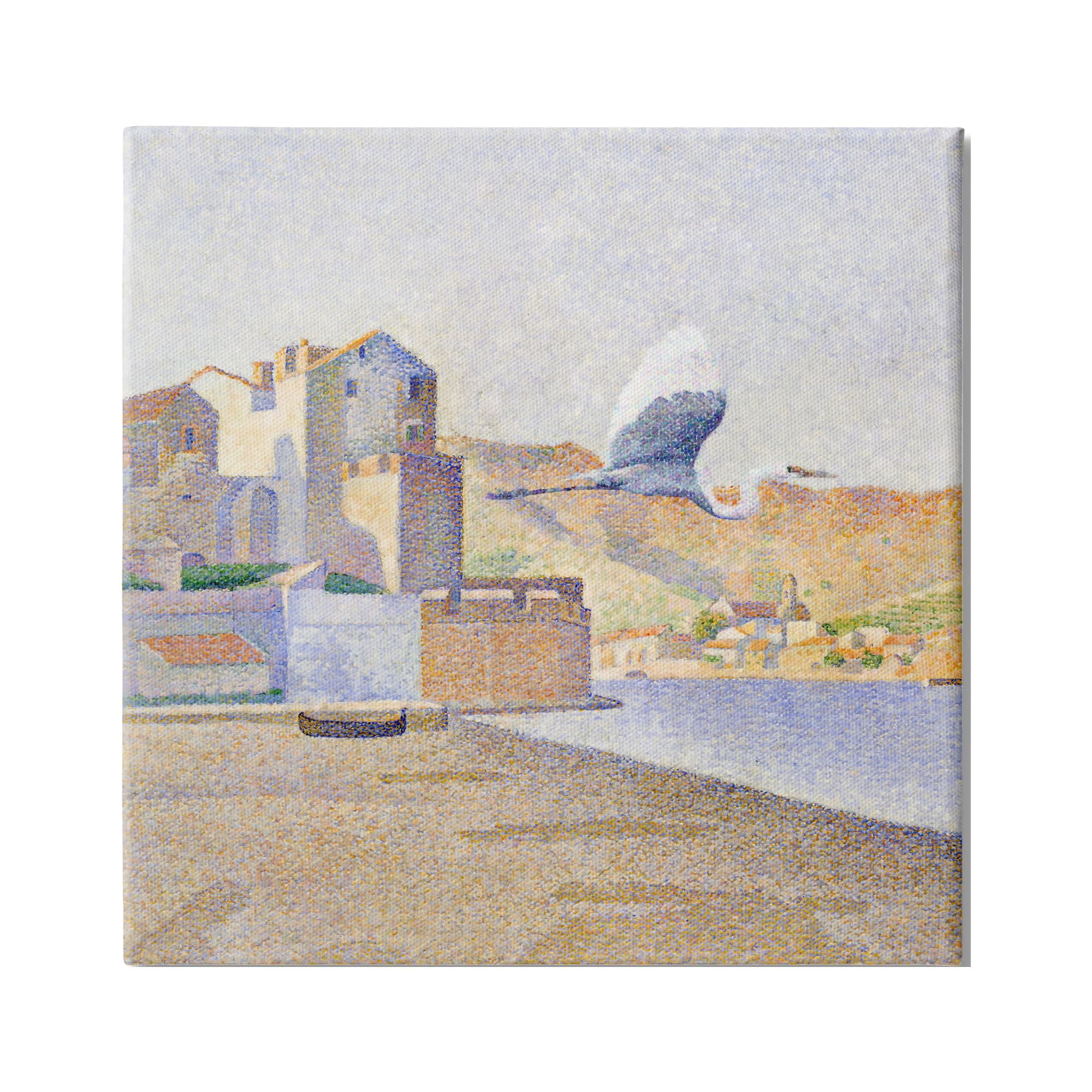 Stupell Industries Flying Crane Bird European Coastal Seaport Pointillism Painting, 36 x 36, Design by Steve Hunziker