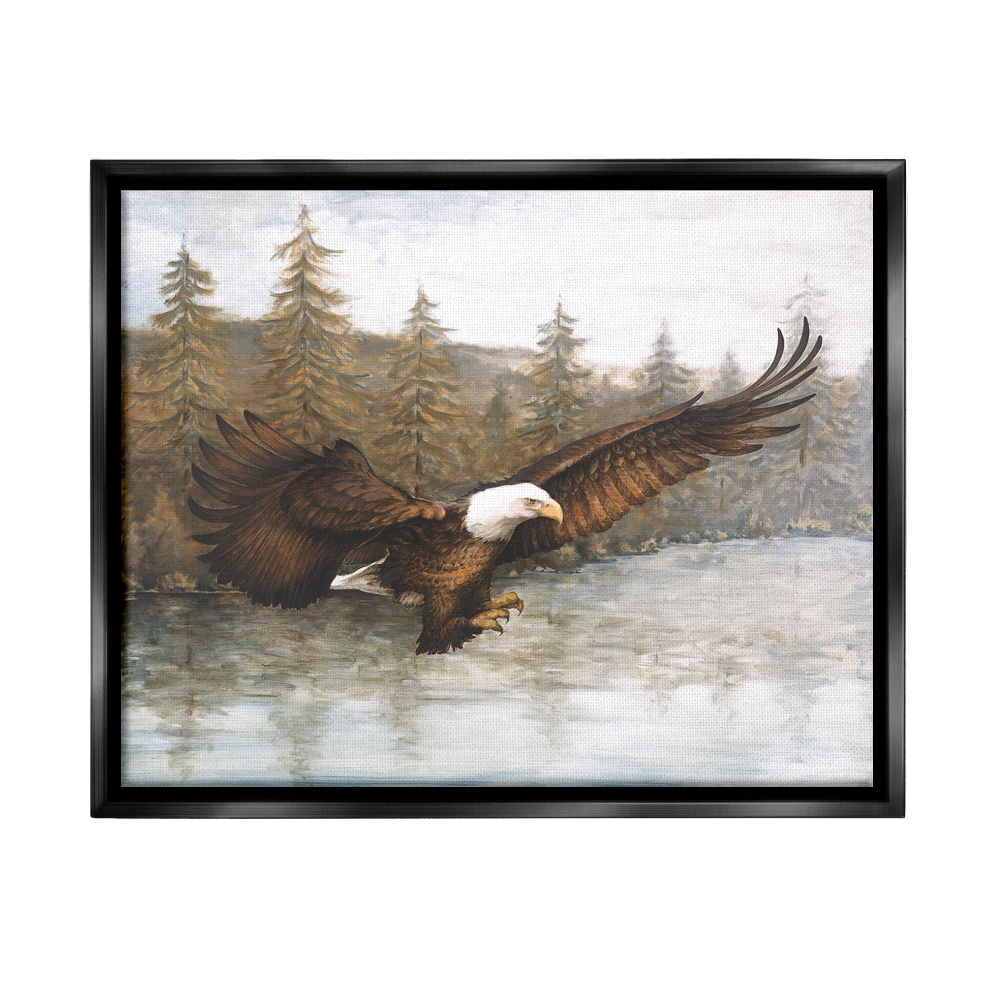 Stupell Industries Flying Eagle over Lake Animals & Insects Painting Black Floater Framed Canvas Art Print Wall Art, 31 x 25