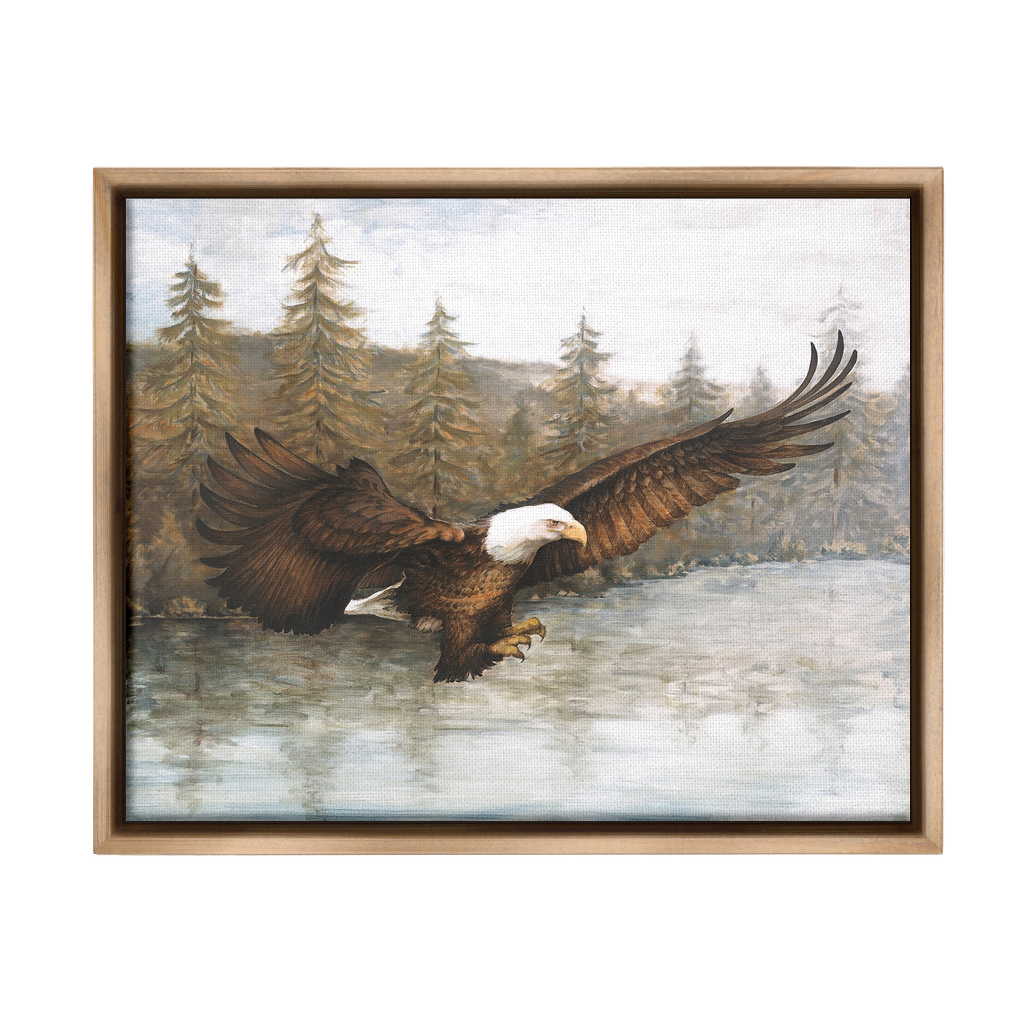 Stupell Industries Flying Eagle over Lake Animals & Insects Painting Brown Floater Framed Canvas Art Print Wall Art, 31 x 25