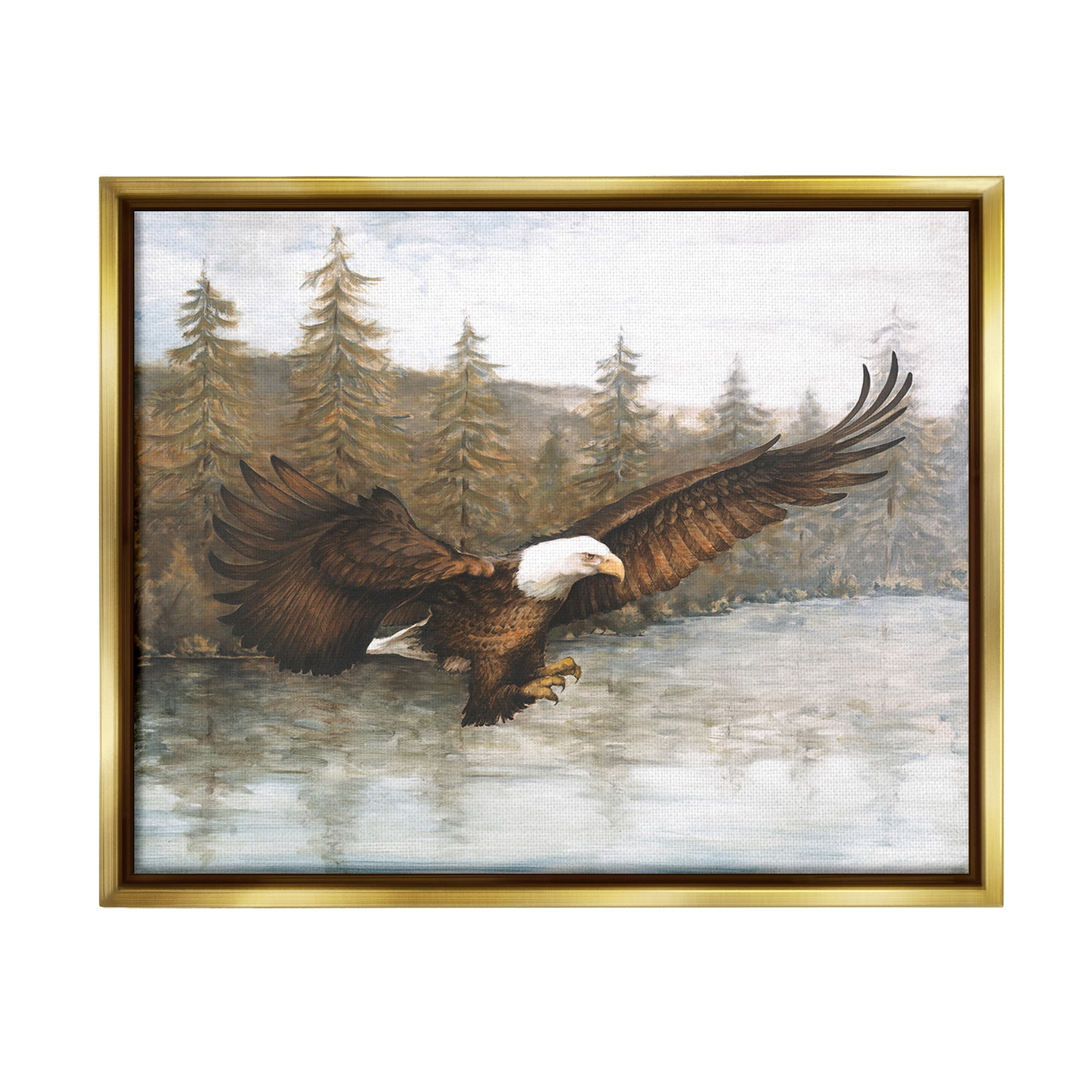 Stupell Industries Flying Eagle over Lake Animals & Insects Painting Gold Floater Framed Canvas Art Print Wall Art, 21 x 17