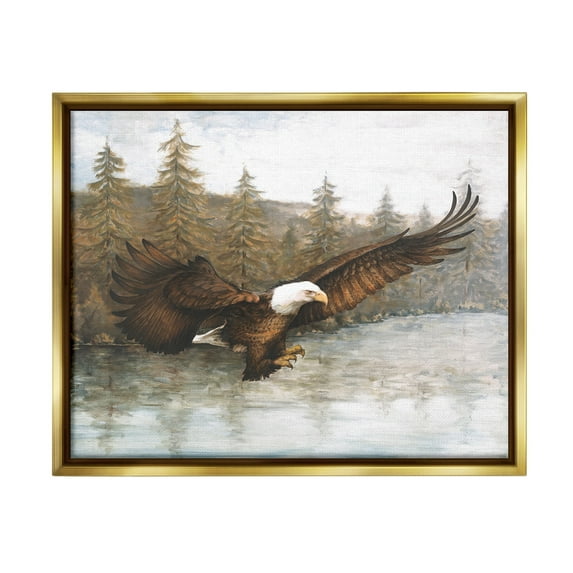 Stupell Industries Flying Eagle over Lake Animals & Insects Painting Gold Floater Framed Canvas Art Print Wall Art, 31 x 25