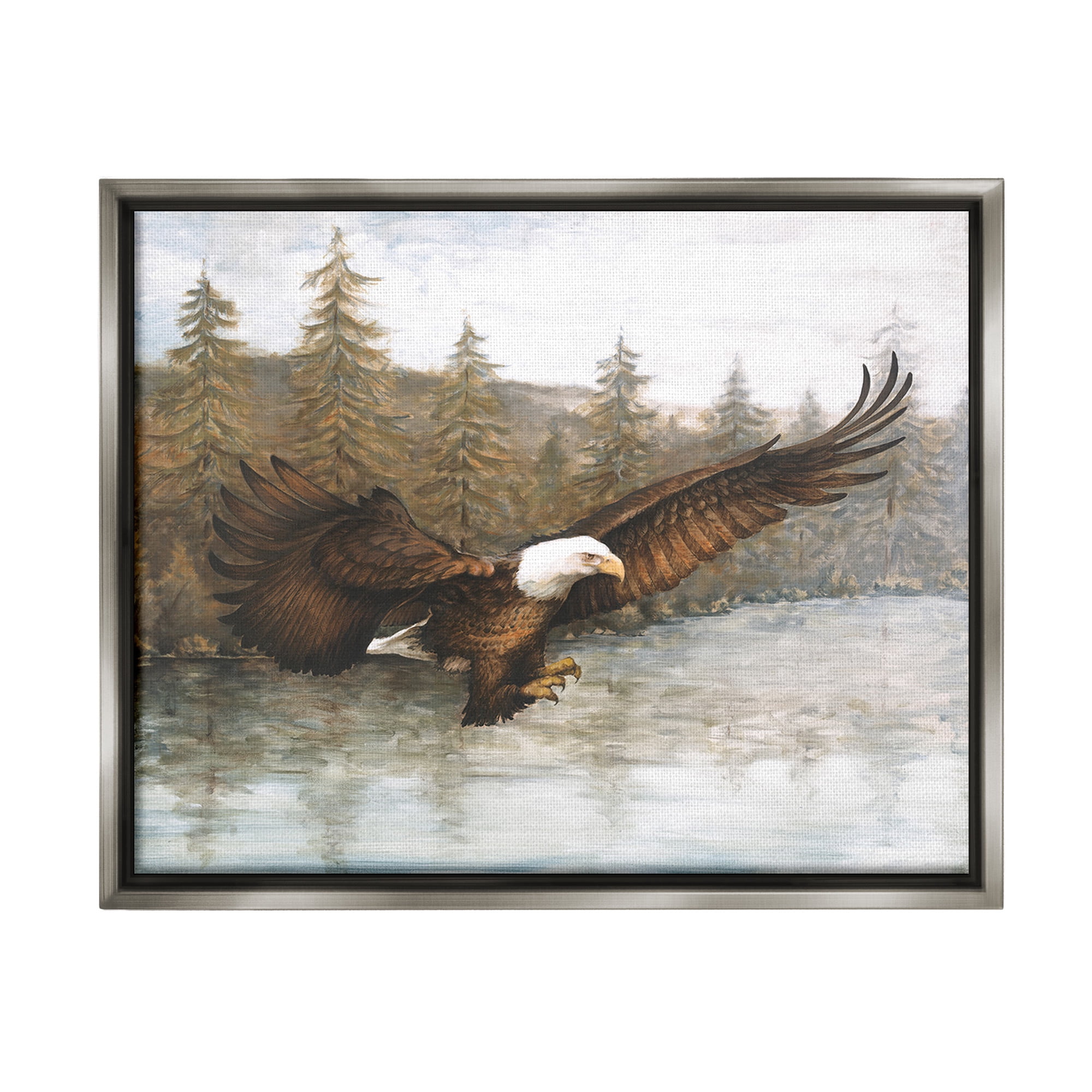 Stupell Industries Flying Eagle over Lake Animals & Insects Painting Gray Floater Framed Canvas Art Print Wall Art, 21 x 17