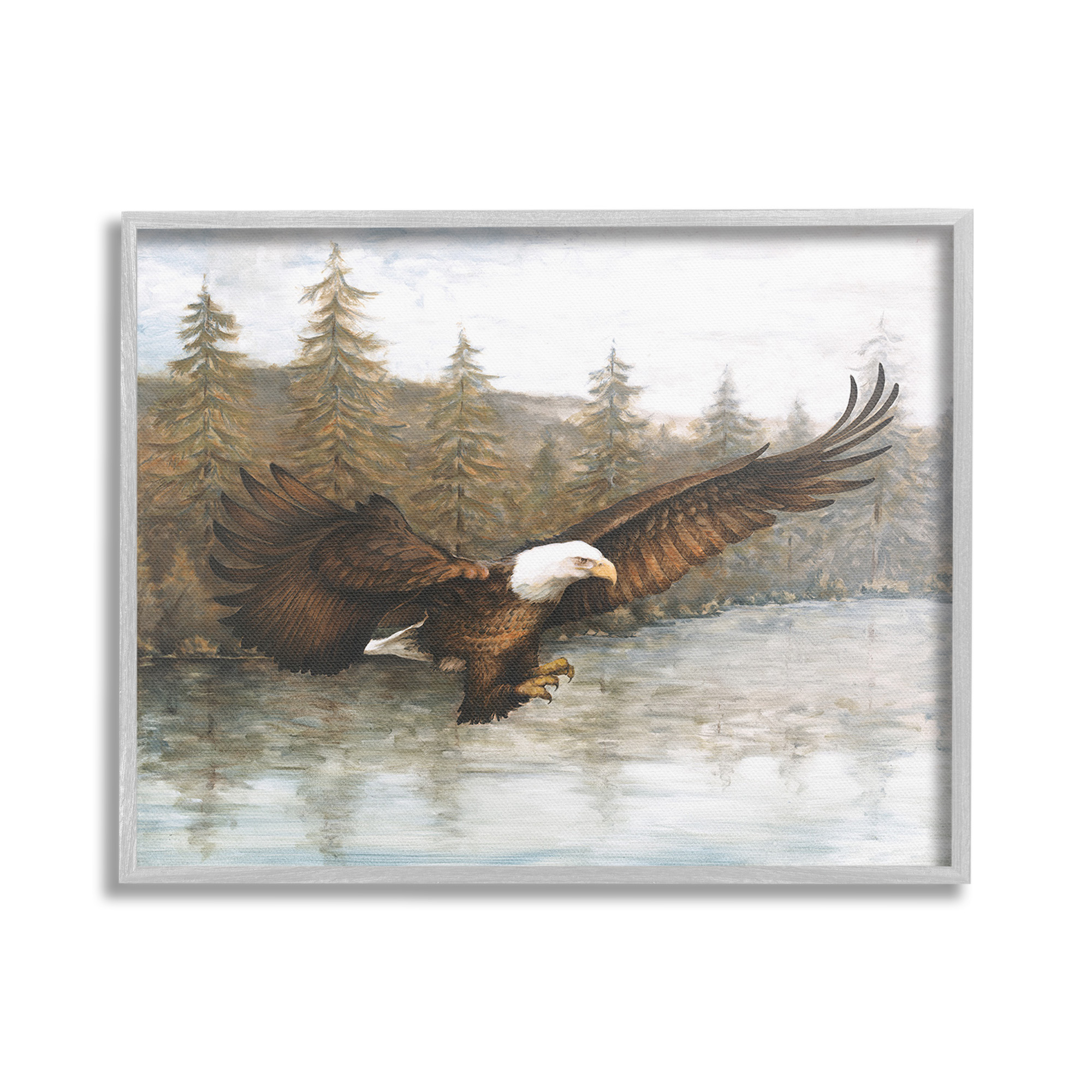 Stupell Industries Flying Eagle over Lake Animals & Insects Painting Gray Framed Art Print Wall Art, 20 x 16