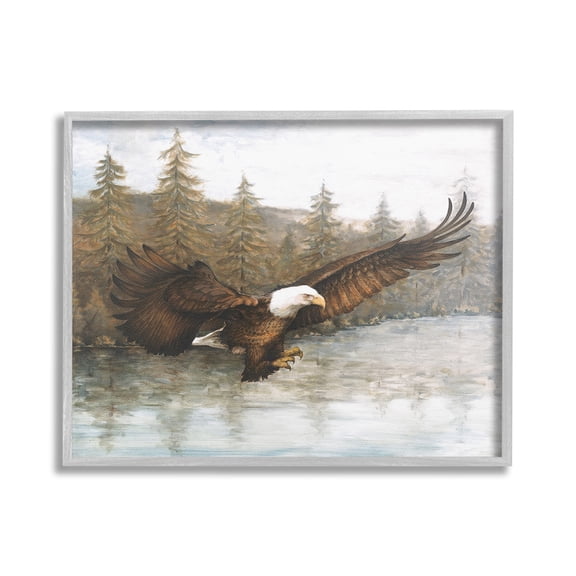 Stupell Industries Flying Eagle over Lake Animals & Insects Painting Gray Framed Art Print Wall Art, 30 x 24