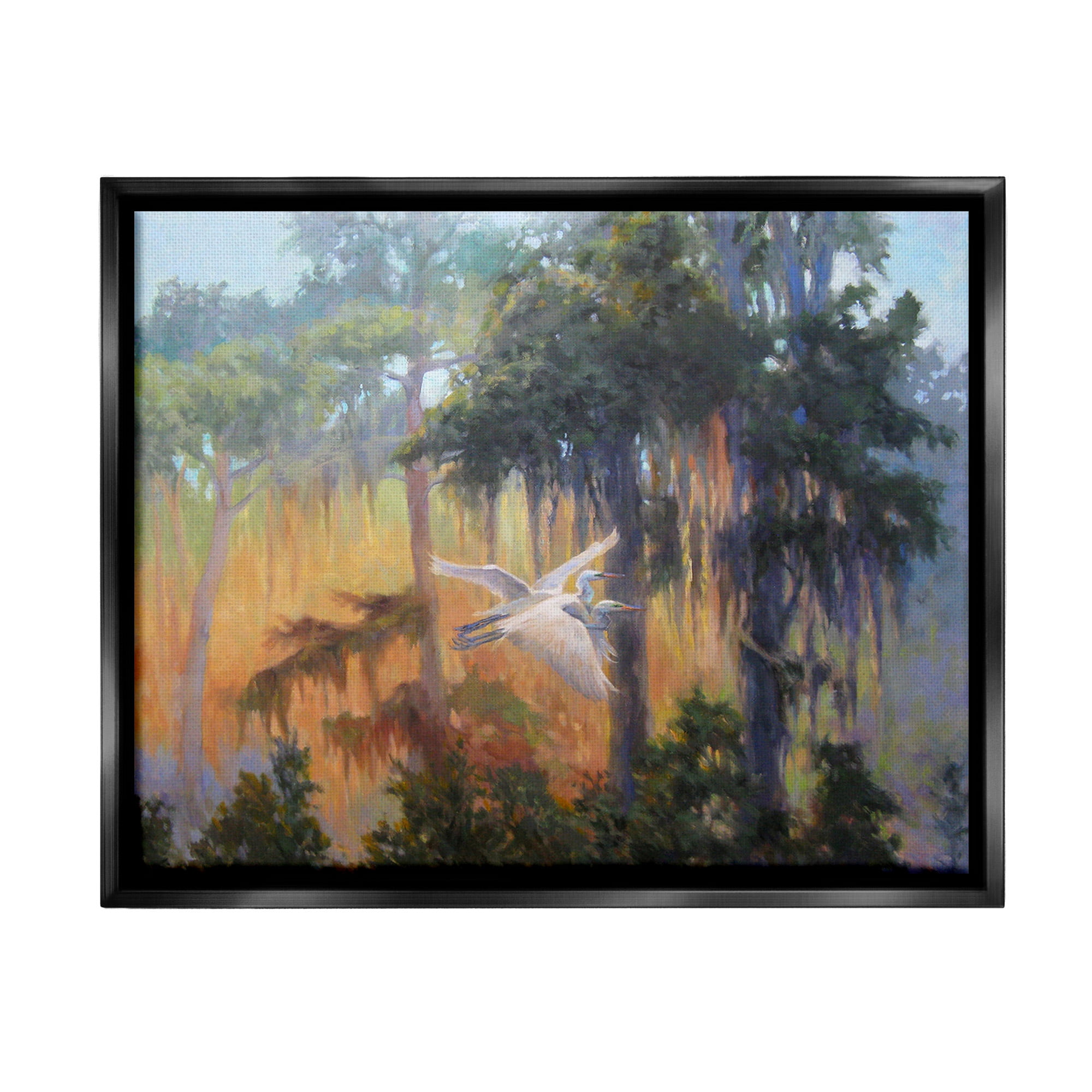 Stupell Industries Flying Egrets in Forest Animals & Insects Painting Black Floater Framed Canvas Art Print Wall Art, 21 x 17