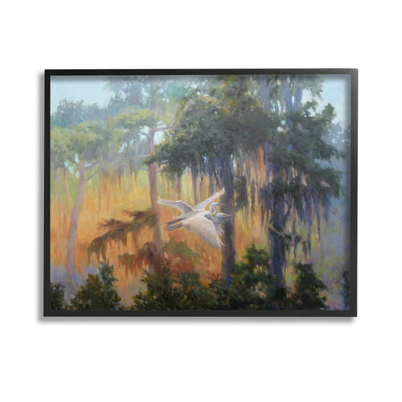 Stupell Industries Flying Egrets in Forest Animals & Insects Painting Black Framed Art Print Wall Art, 14 x 11