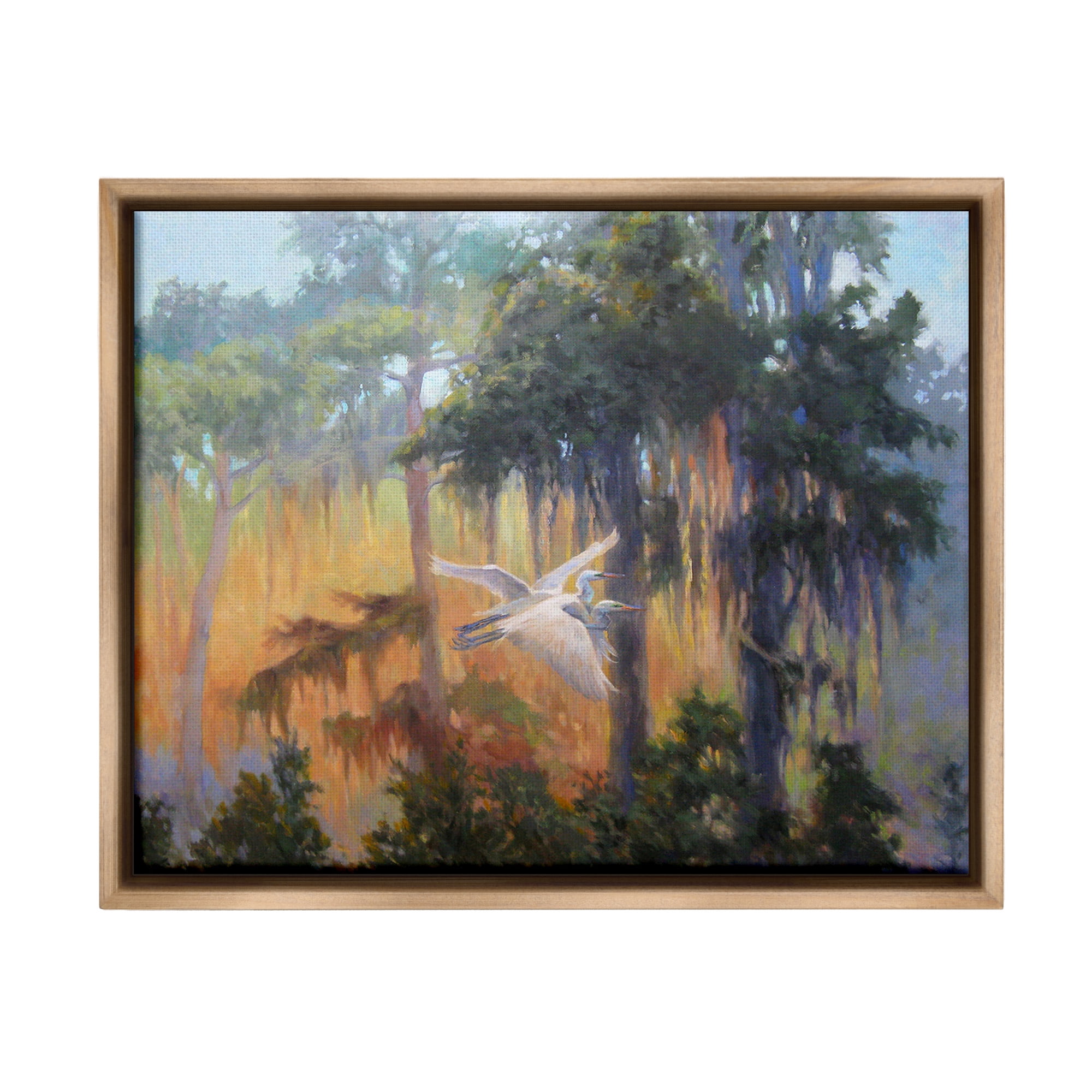 Stupell Industries Flying Egrets in Forest Animals & Insects Painting Brown Floater Framed Canvas Art Print Wall Art, 21 x 17