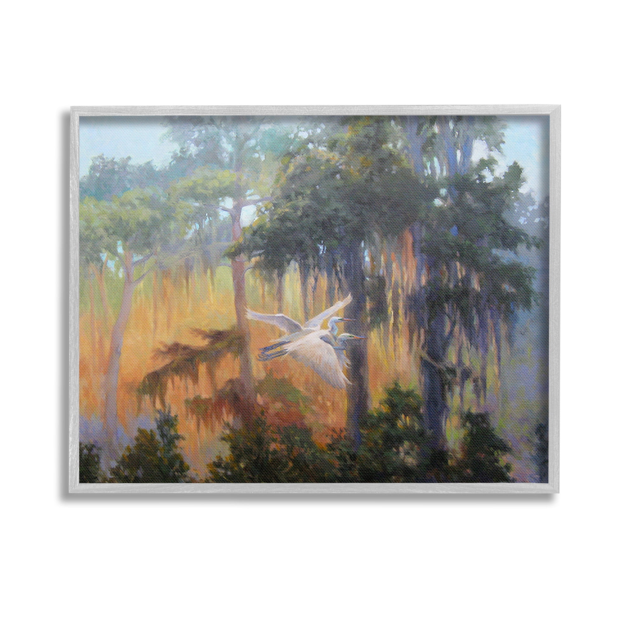 Stupell Industries Flying Egrets in Forest Animals & Insects Painting Gray Framed Art Print Wall Art, 14 x 11