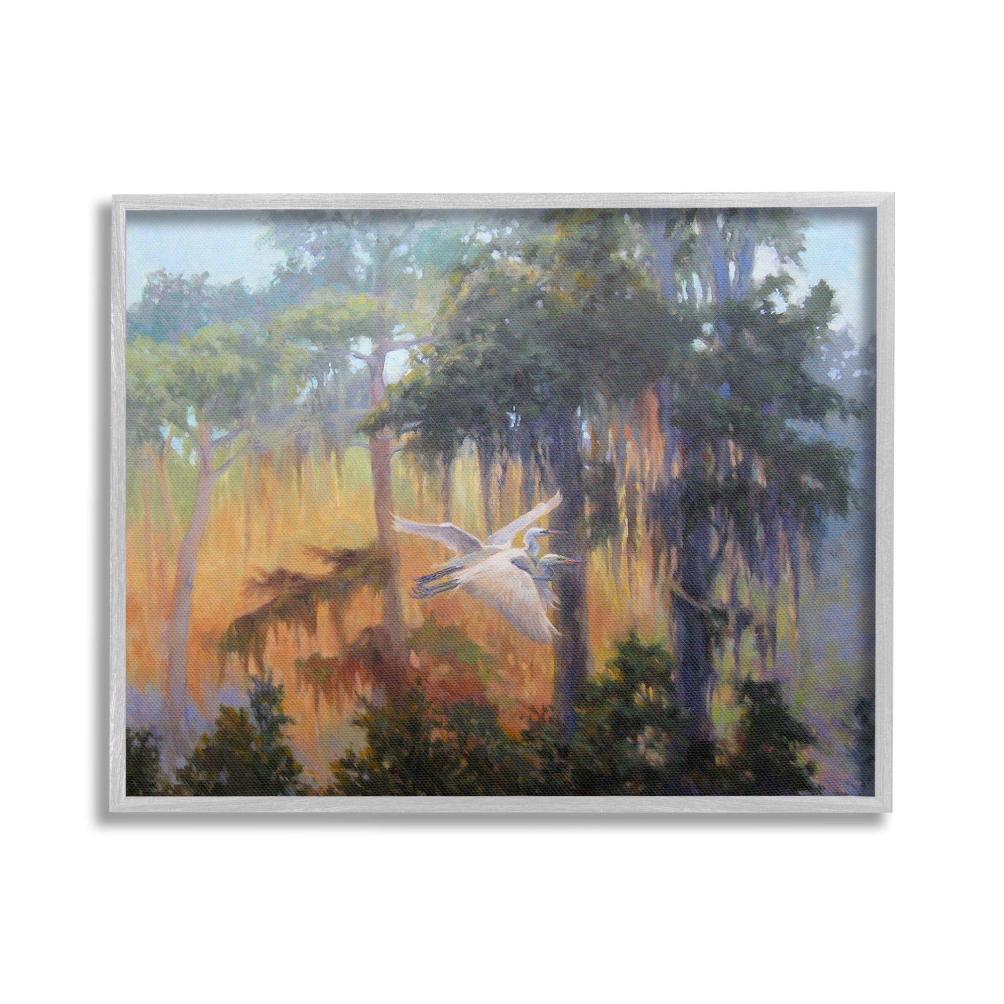 Stupell Industries Flying Egrets in Forest Animals & Insects Painting Gray Framed Art Print Wall Art, 20 x 16