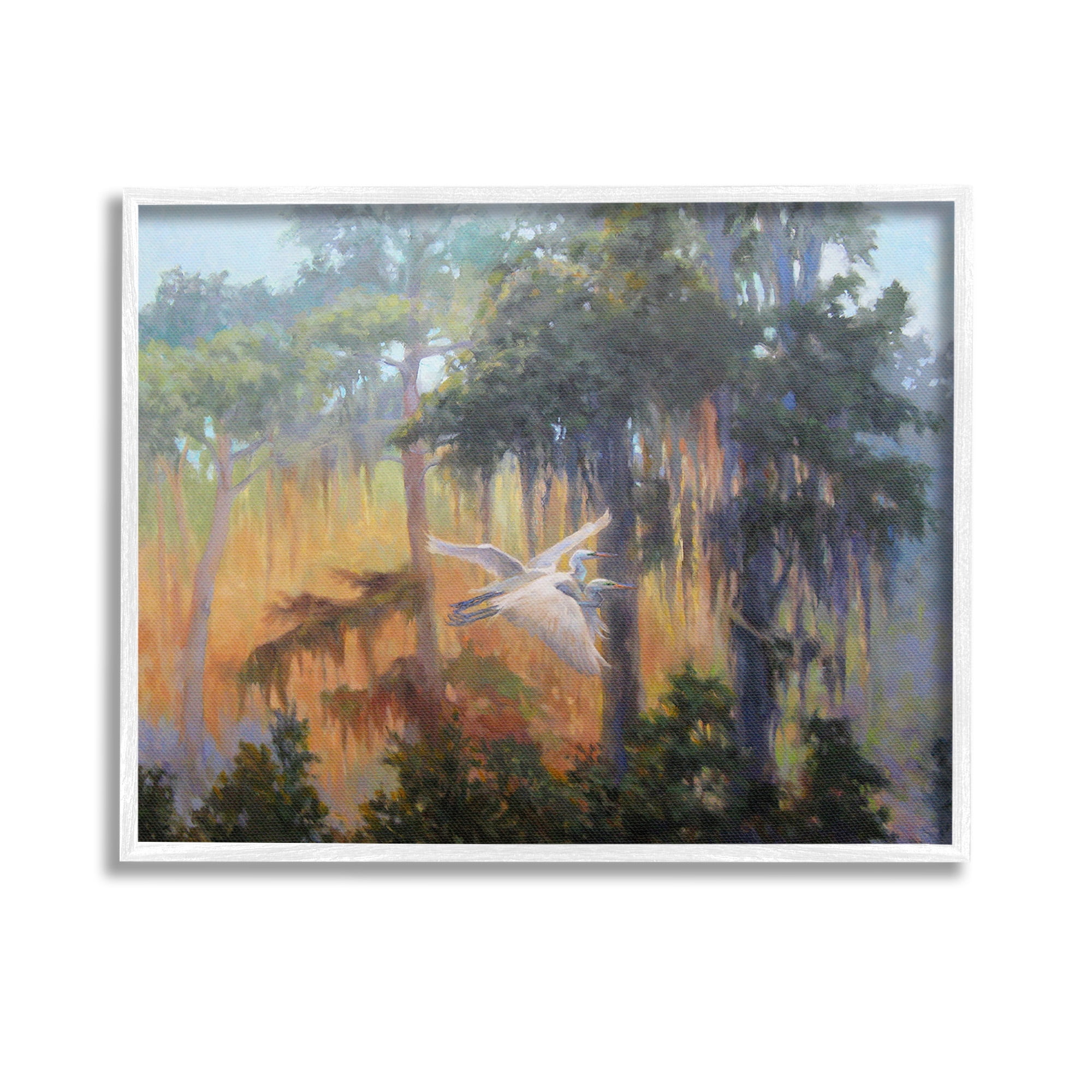 Stupell Industries Flying Egrets in Forest Animals & Insects Painting White Framed Art Print Wall Art, 14 x 11