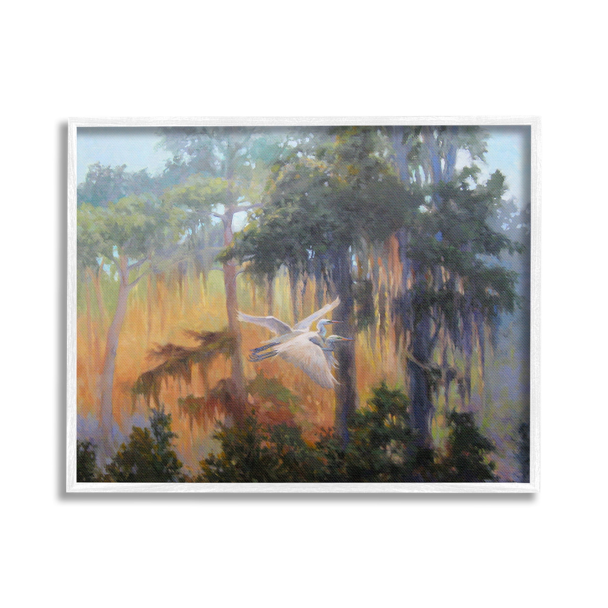 Stupell Industries Flying Egrets in Forest Animals & Insects Painting White Framed Art Print Wall Art, 20 x 16