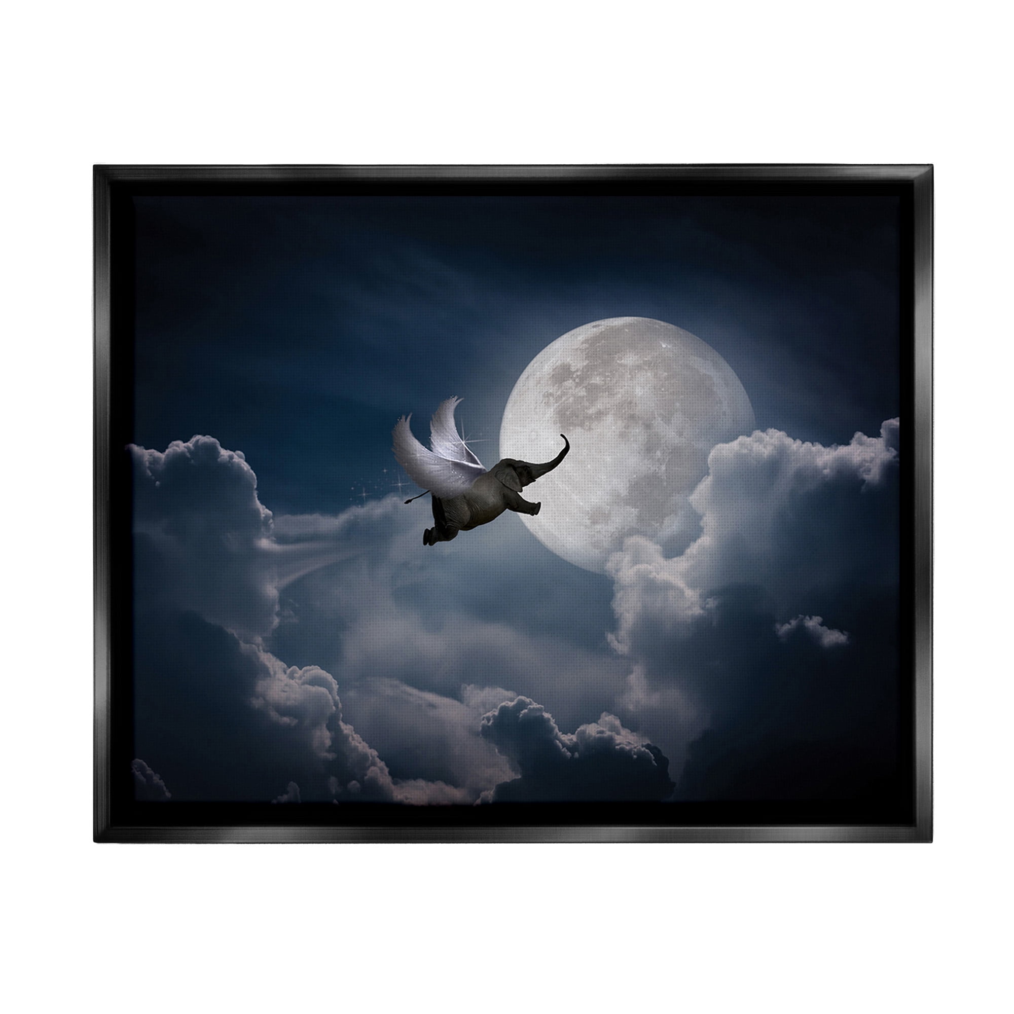 Stupell Industries Flying Elephant & Moon Animals & Insects Painting Black Floater Framed Canvas Art Print Wall Art, 21 x 17