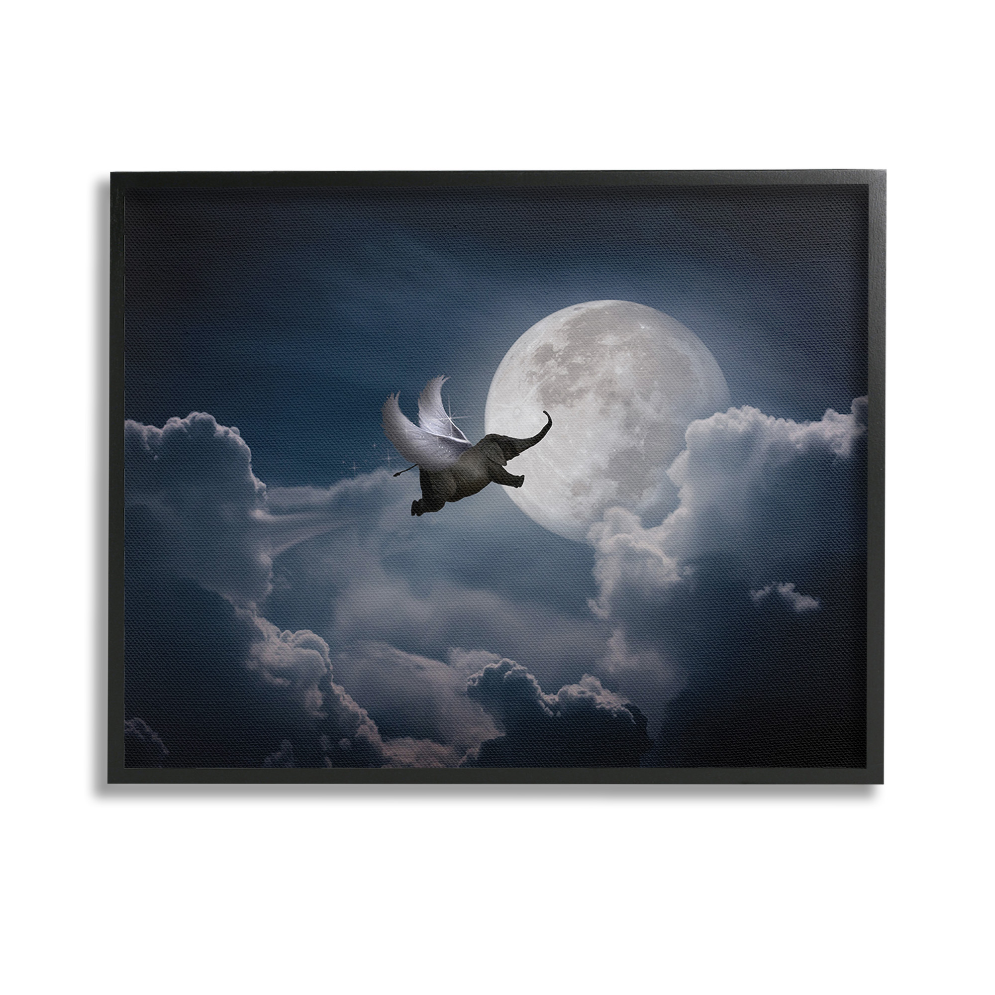 Stupell Industries Flying Elephant & Moon Animals & Insects Painting Black Framed Art Print Wall Art, 14 x 11
