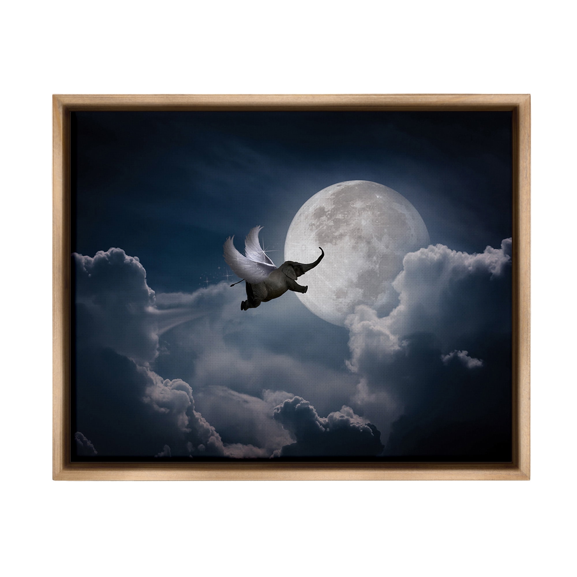 Stupell Industries Flying Elephant & Moon Animals & Insects Painting Brown Floater Framed Canvas Art Print Wall Art, 21 x 17