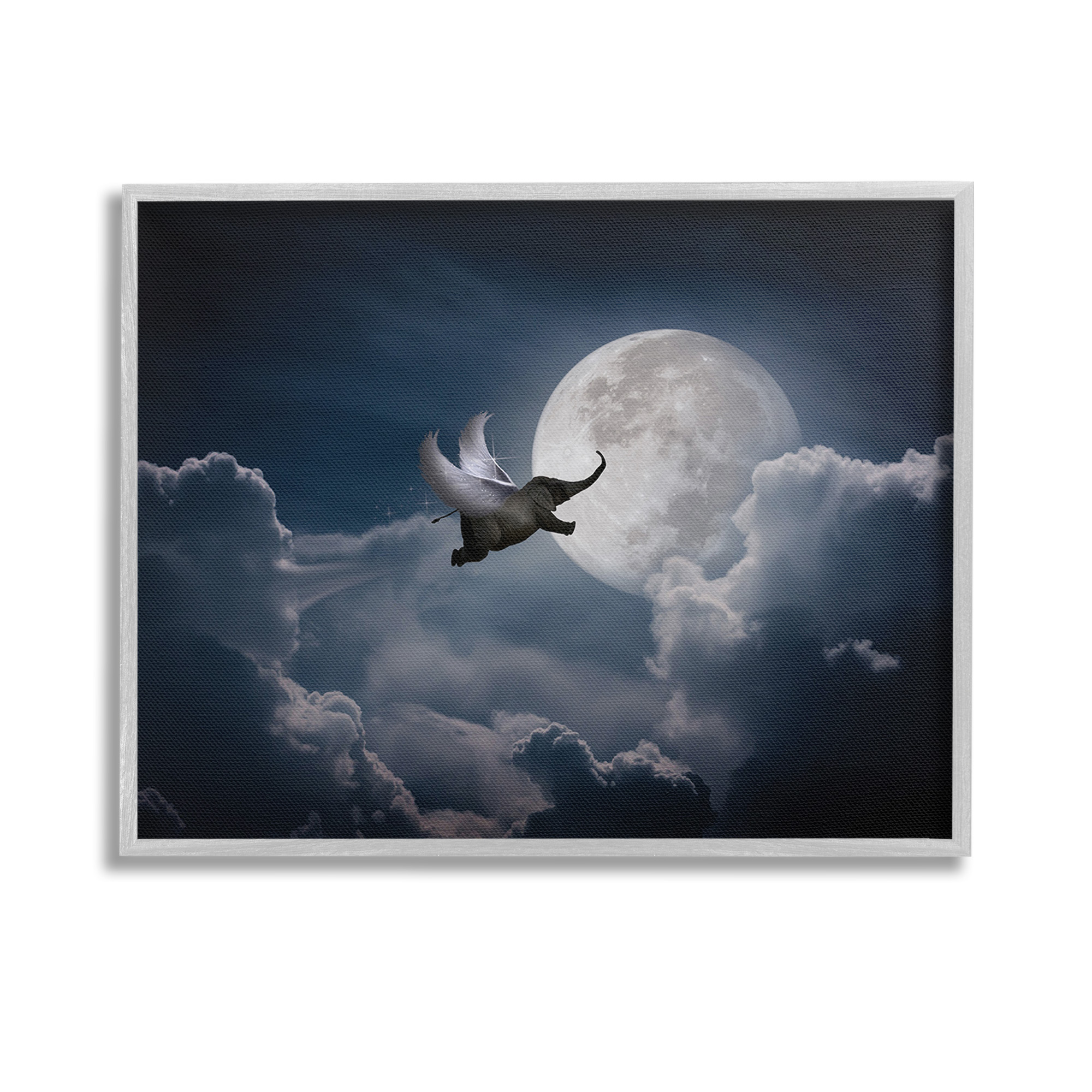 Stupell Industries Flying Elephant & Moon Animals & Insects Painting Gray Framed Art Print Wall Art, 14 x 11